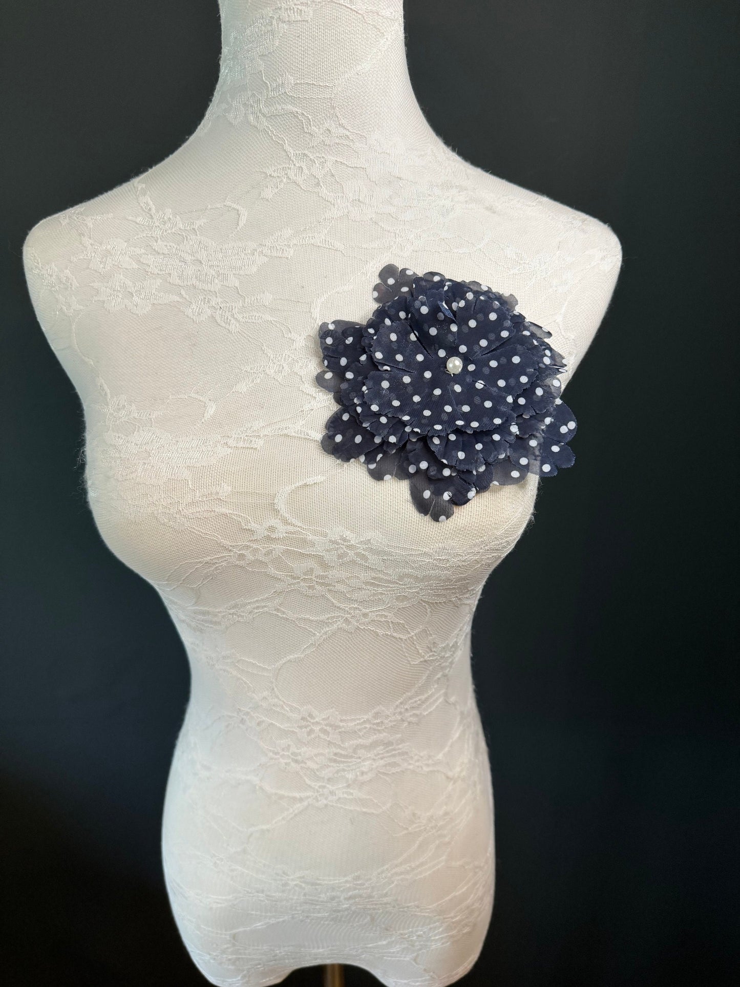 Navy Polka Dot Corsage Pin, Pearl Detail, 5" Fabric Flower
