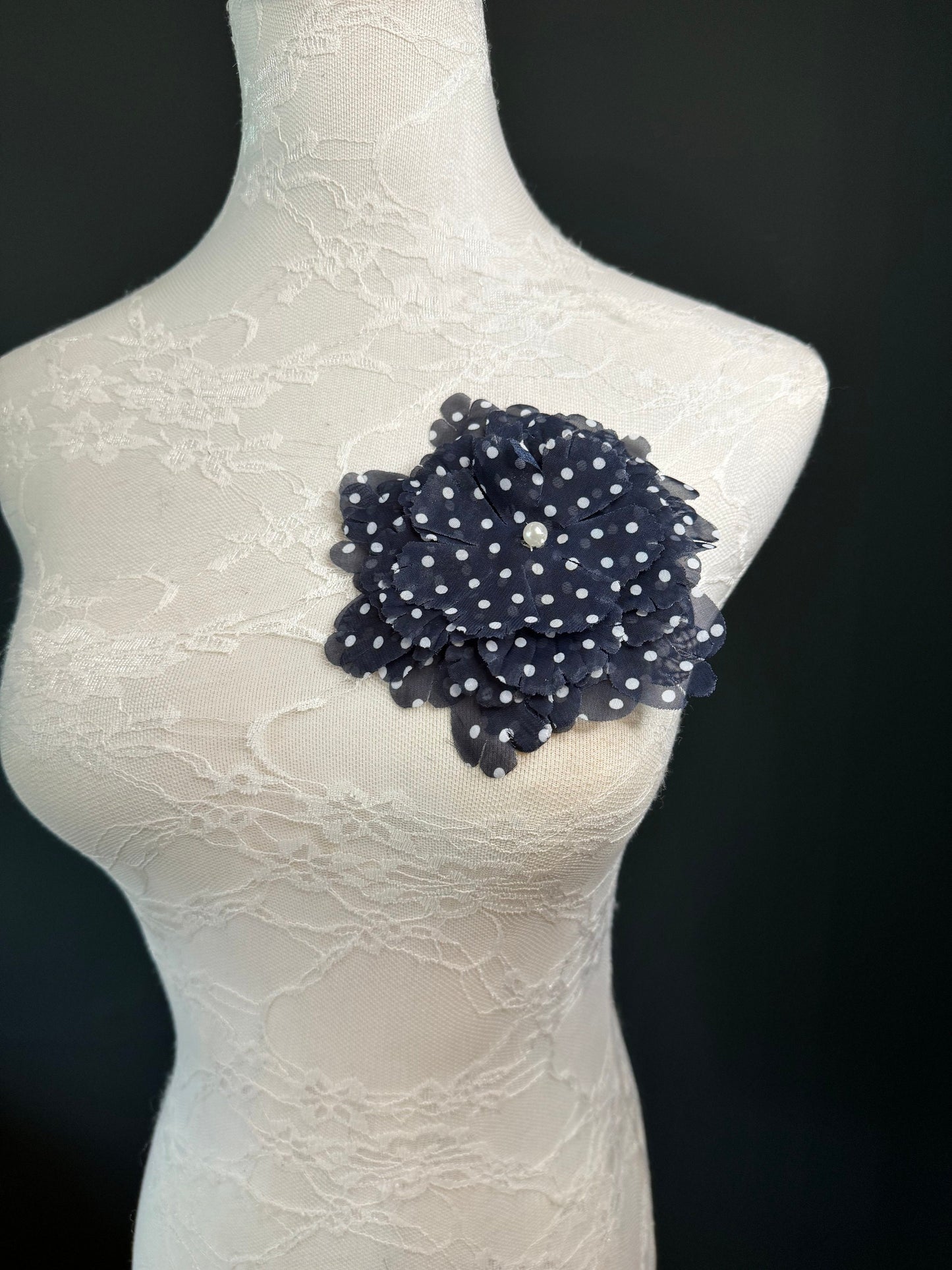 Navy Polka Dot Corsage Pin, Pearl Detail, 5" Fabric Flower