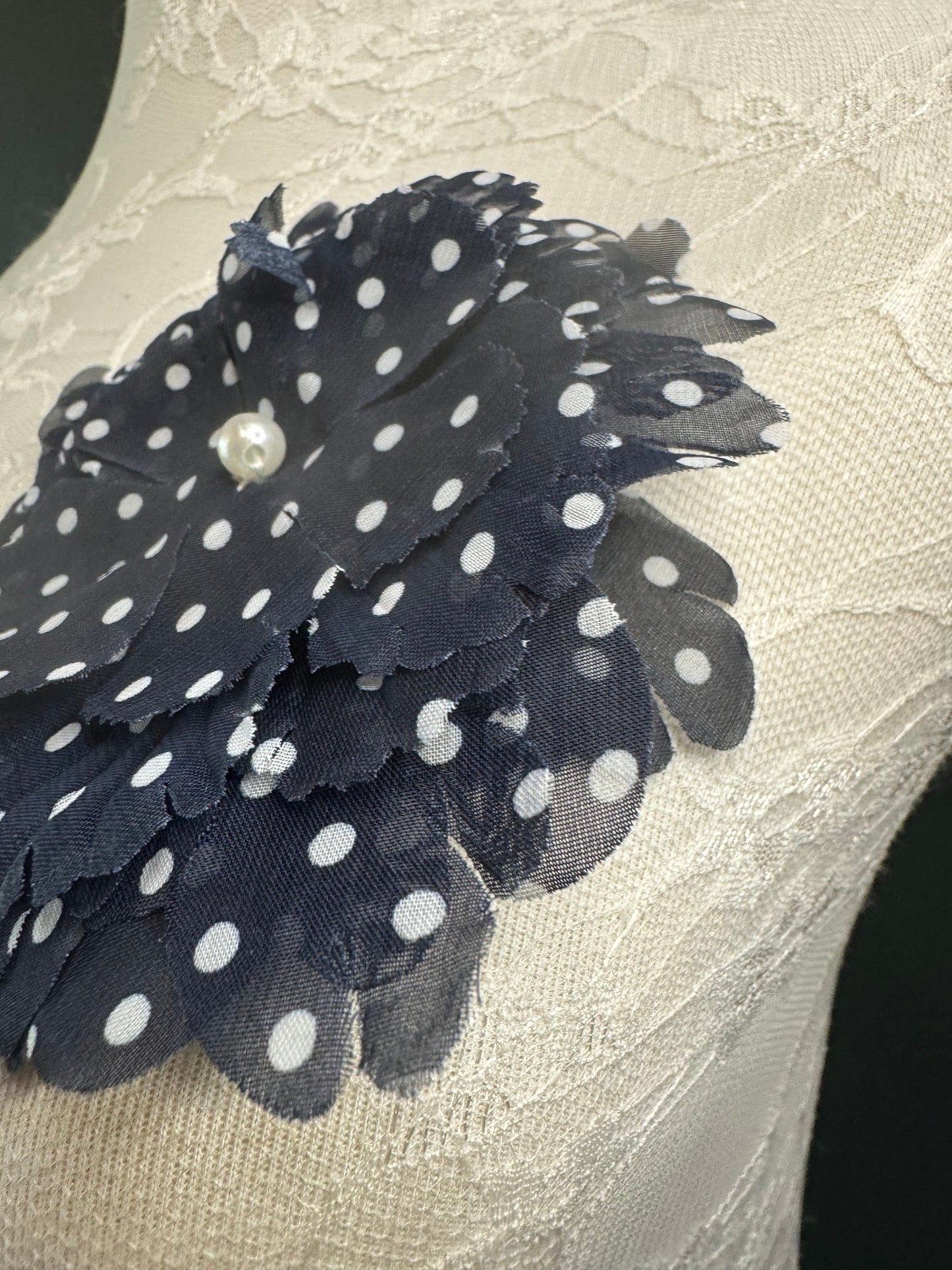 Navy Polka Dot Corsage Pin, Pearl Detail, 5" Fabric Flower