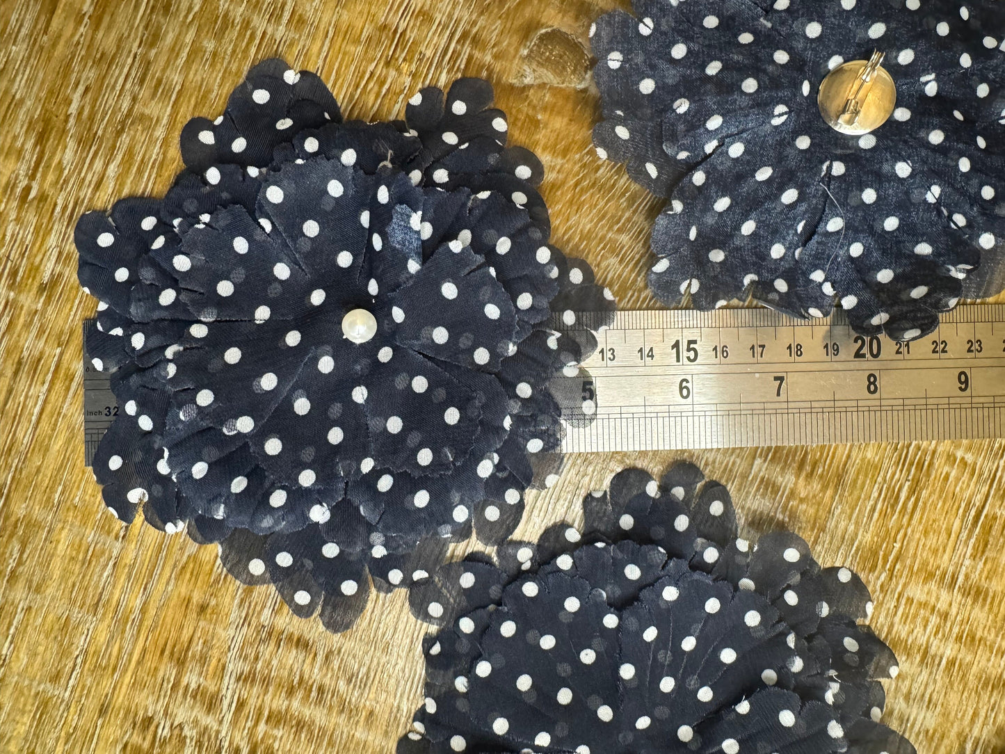 Navy Polka Dot Corsage Pin, Pearl Detail, 5" Fabric Flower