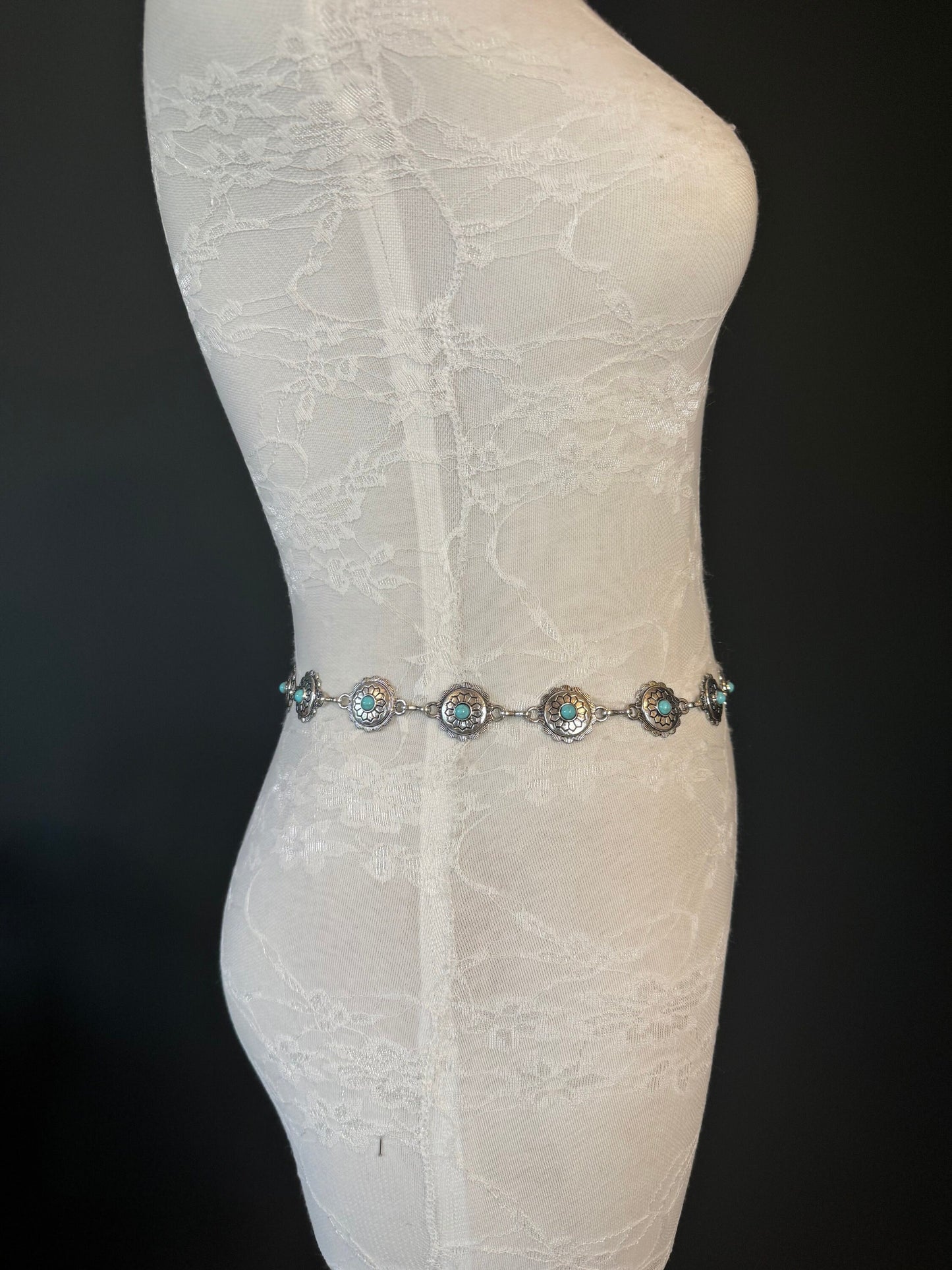 X-long Ring Belt, Metal Disc Belt, Teen Sizes, Size 18”-60”, Fan Design, Fan Collection, Silver Finish, Turquoise Metal belt, Fashion
