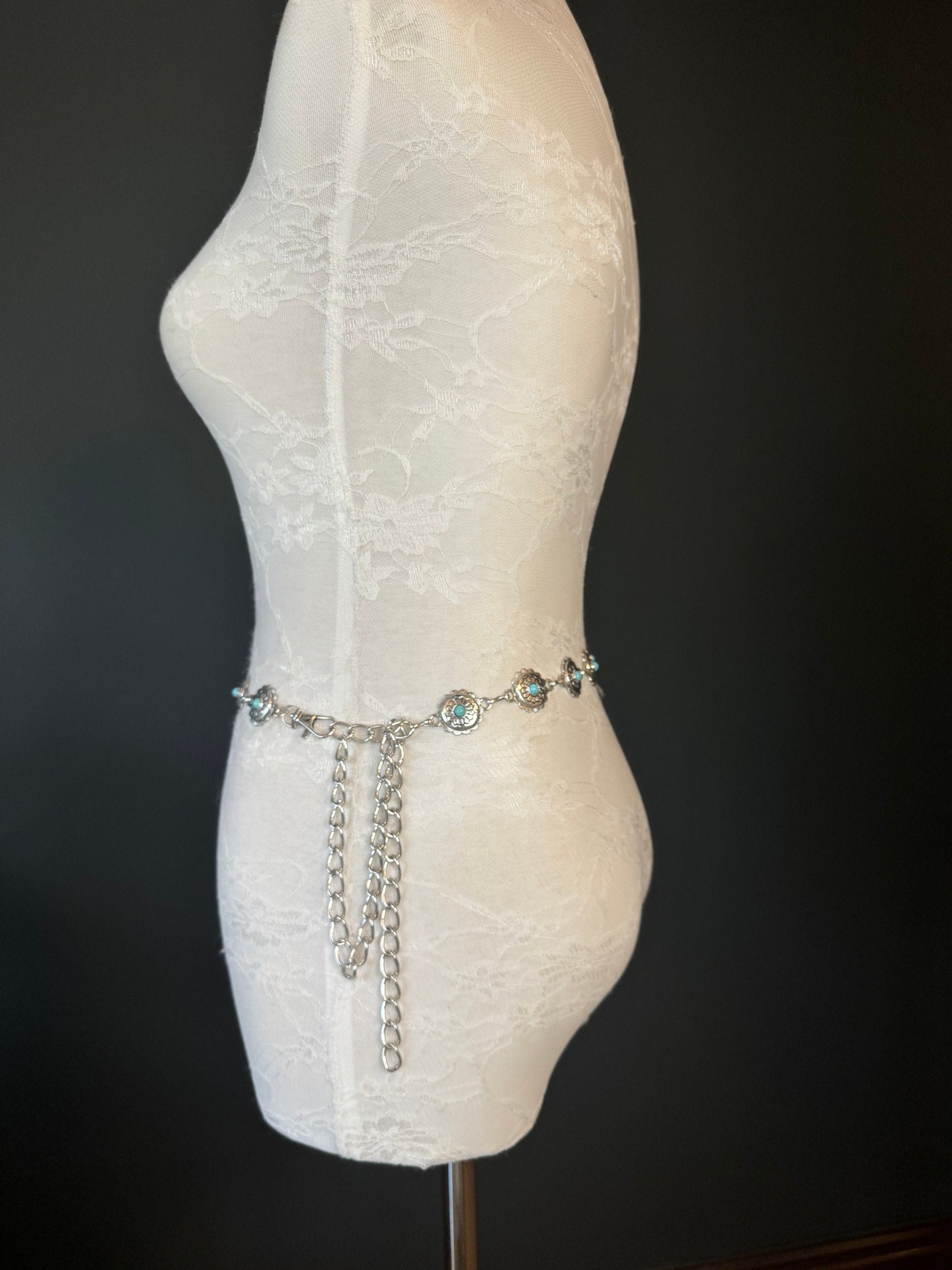 X-long Ring Belt, Metal Disc Belt, Teen Sizes, Size 18”-60”, Fan Design, Fan Collection, Silver Finish, Turquoise Metal belt, Fashion