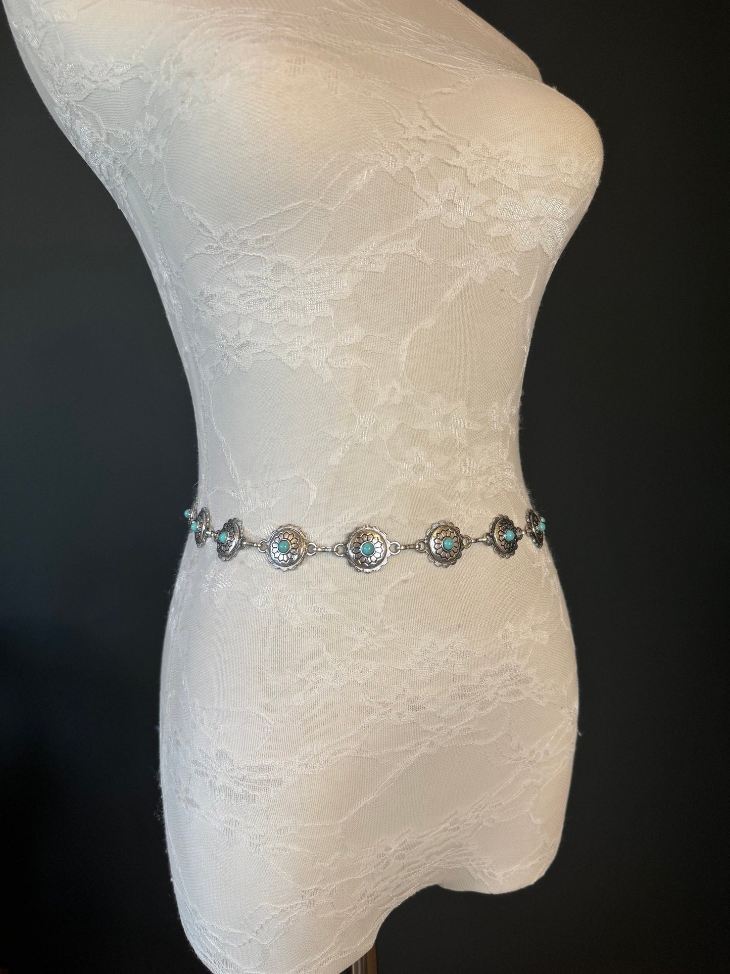 X-long Ring Belt, Metal Disc Belt, Teen Sizes, Size 18”-60”, Fan Design, Fan Collection, Silver Finish, Turquoise Metal belt, Fashion