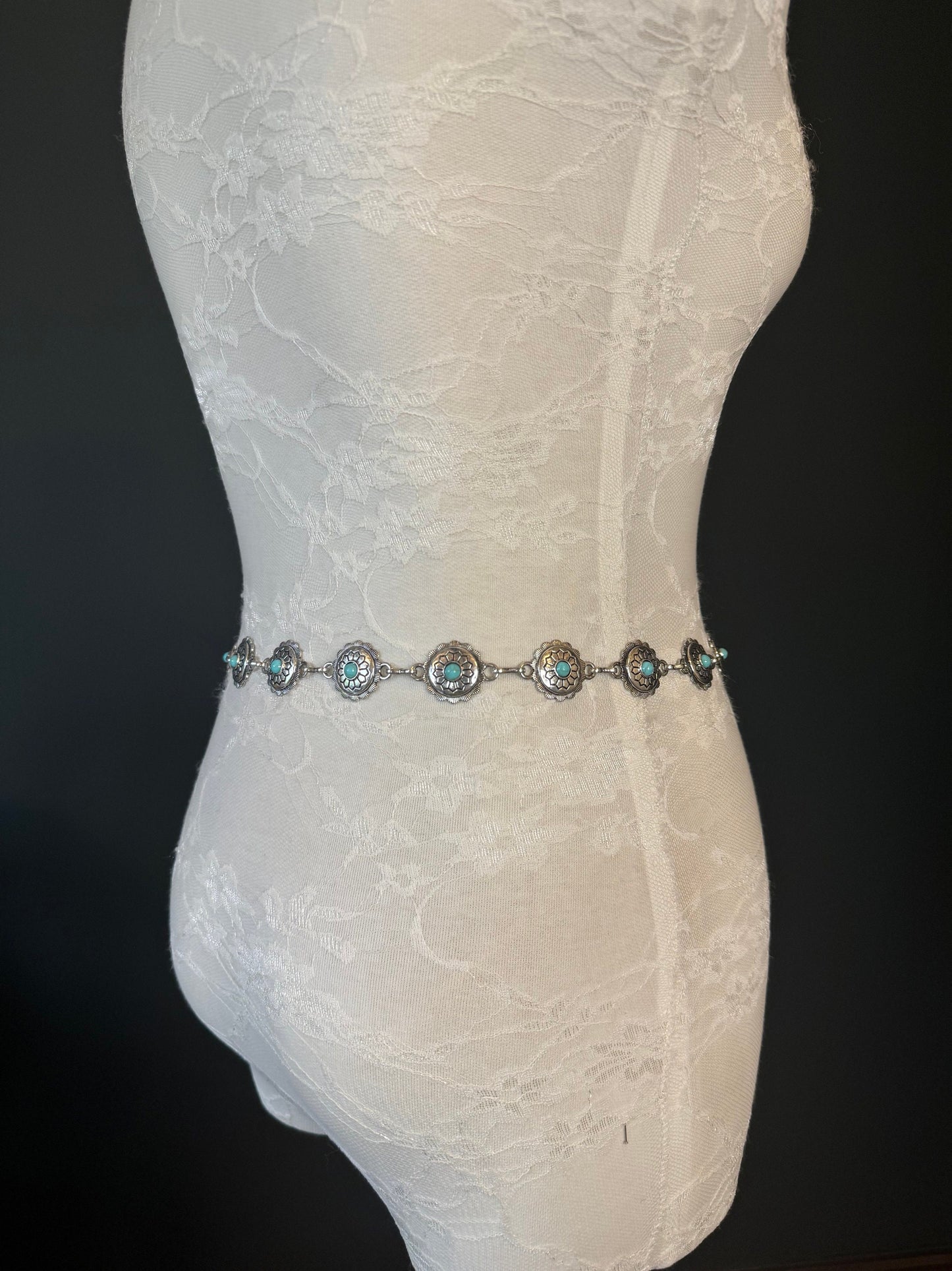 X-long Ring Belt, Metal Disc Belt, Teen Sizes, Size 18”-60”, Fan Design, Fan Collection, Silver Finish, Turquoise Metal belt, Fashion
