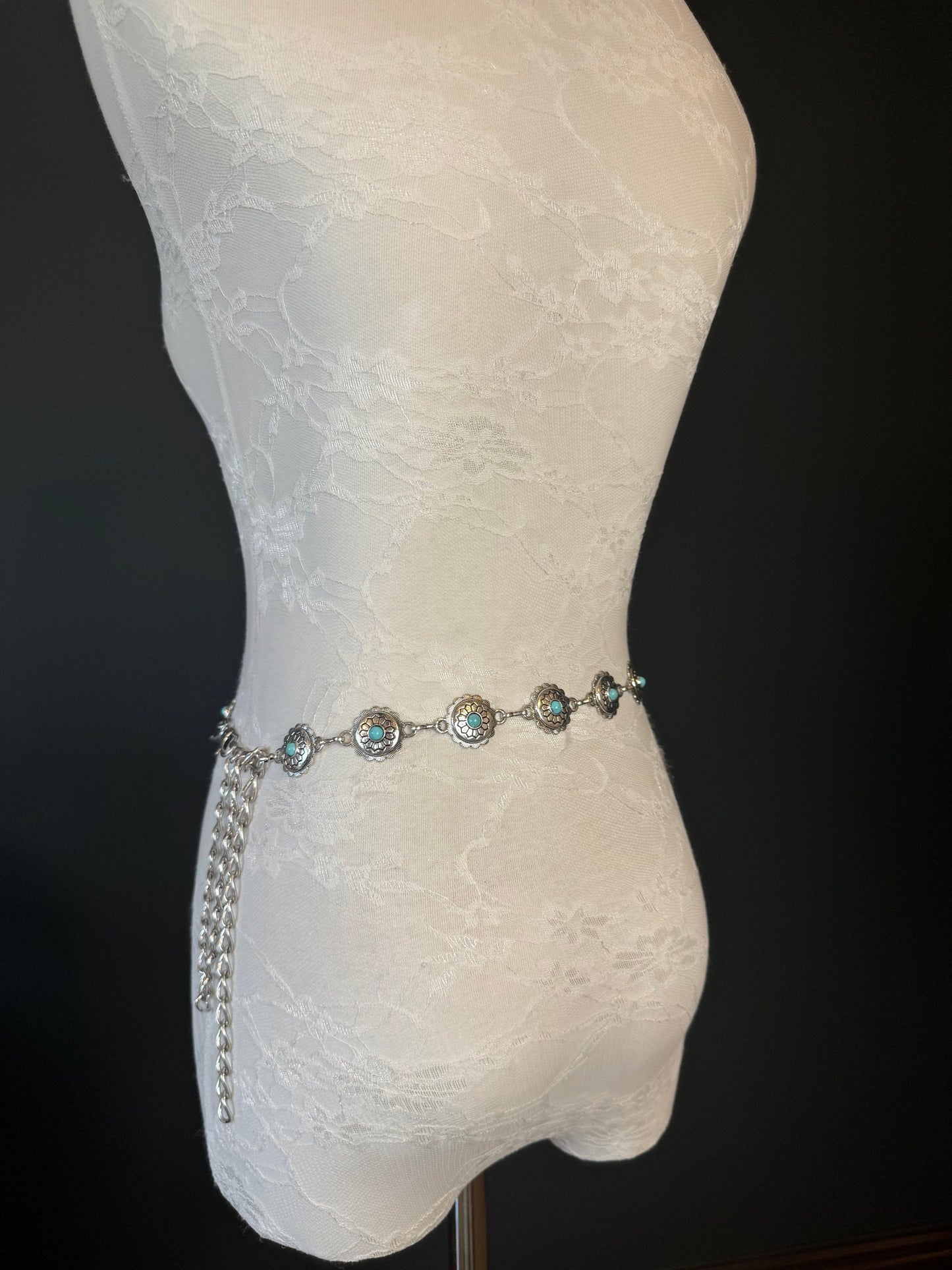 X-long Ring Belt, Metal Disc Belt, Teen Sizes, Size 18”-60”, Fan Design, Fan Collection, Silver Finish, Turquoise Metal belt, Fashion