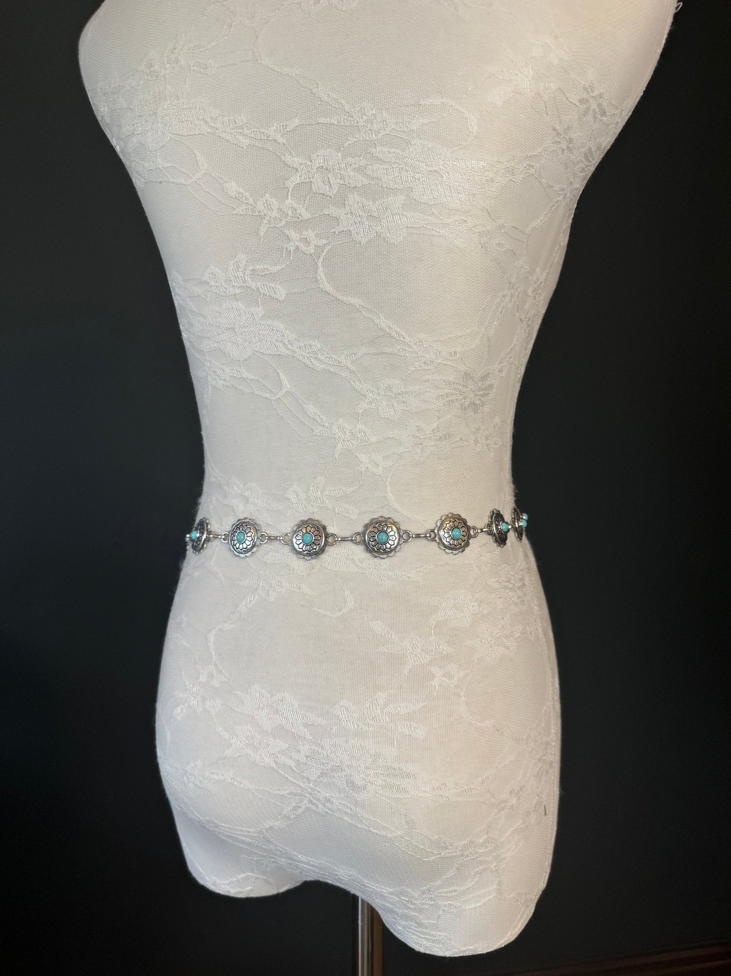 X-long Ring Belt, Metal Disc Belt, Teen Sizes, Size 18”-60”, Fan Design, Fan Collection, Silver Finish, Turquoise Metal belt, Fashion