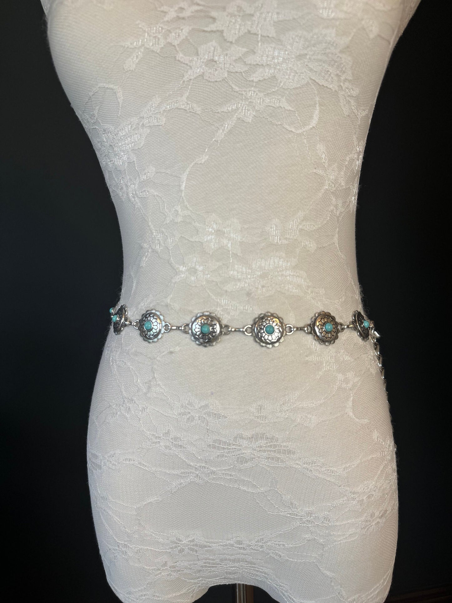 X-long Ring Belt, Metal Disc Belt, Teen Sizes, Size 18”-60”, Fan Design, Fan Collection, Silver Finish, Turquoise Metal belt, Fashion
