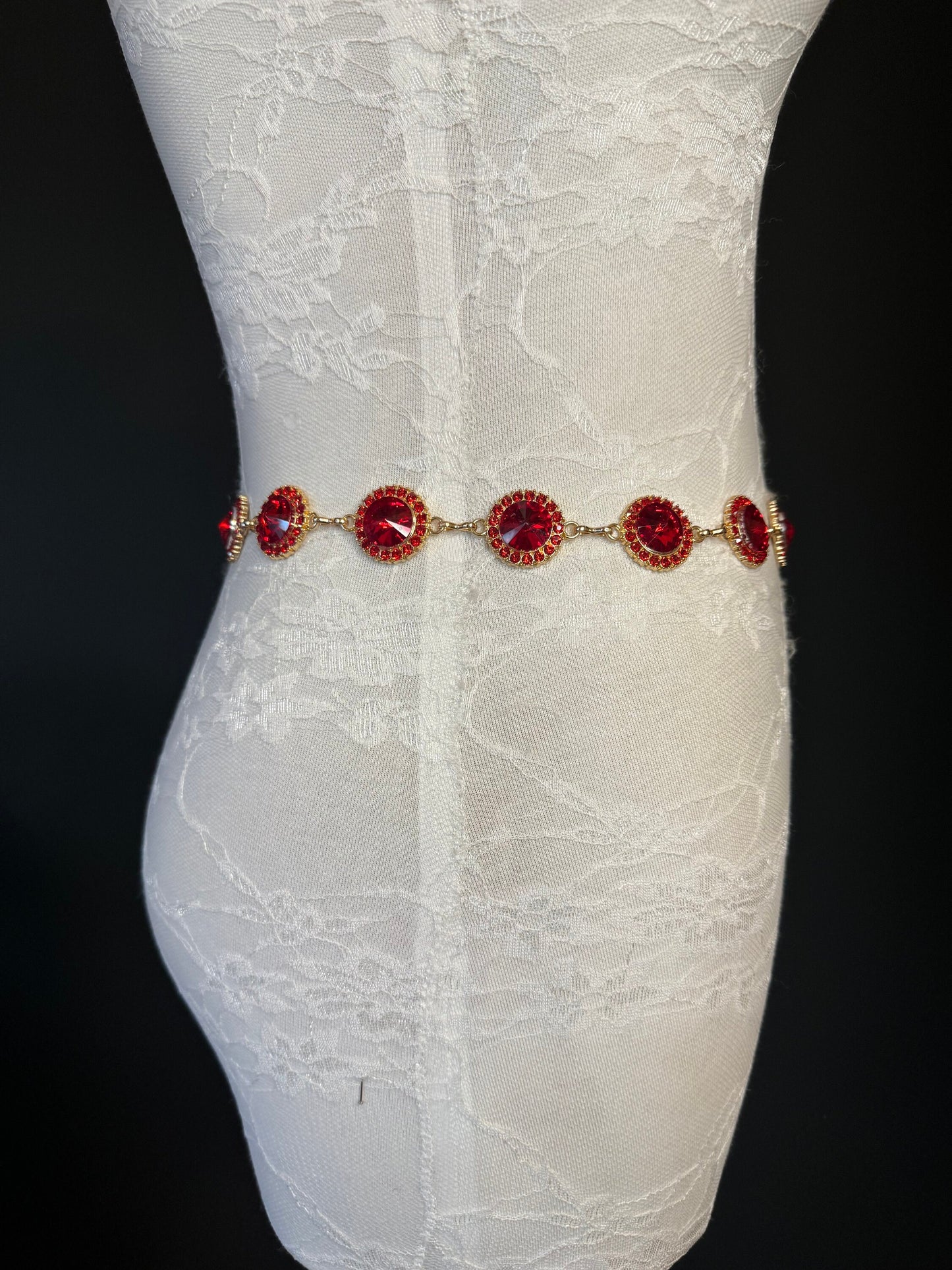 X-Long Belt, Red Jewel Rhinestone Belt, Gold Chain Belt, Vintage Style Belt, Diamante Belt, Fashion Belt, Elegant, Swimwear Belt