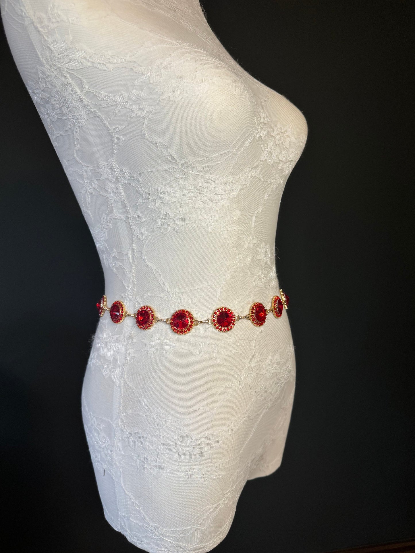 X-Long Belt, Red Jewel Rhinestone Belt, Gold Chain Belt, Vintage Style Belt, Diamante Belt, Fashion Belt, Elegant, Swimwear Belt