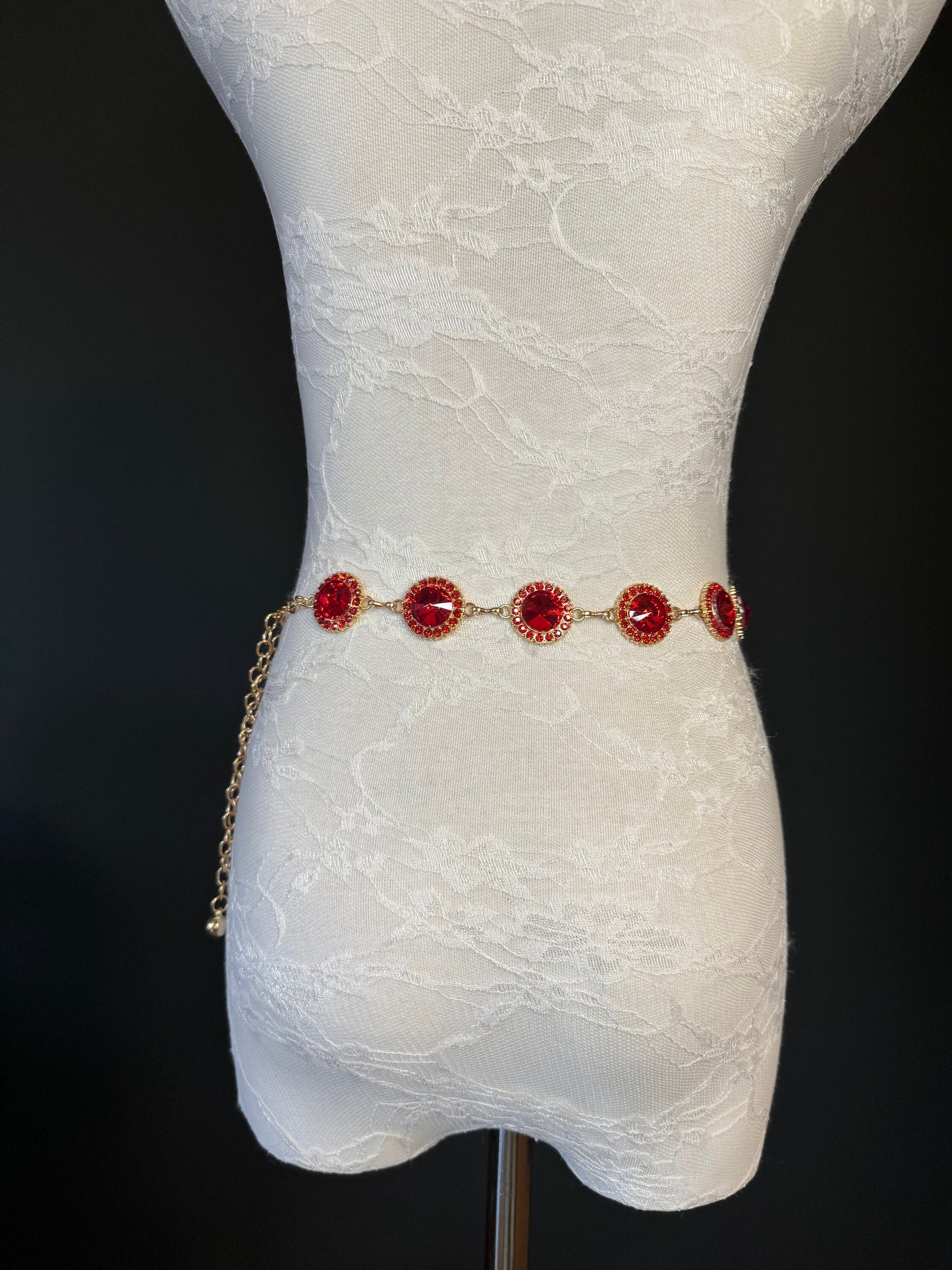 X-Long Belt, Red Jewel Rhinestone Belt, Gold Chain Belt, Vintage Style Belt, Diamante Belt, Fashion Belt, Elegant, Swimwear Belt