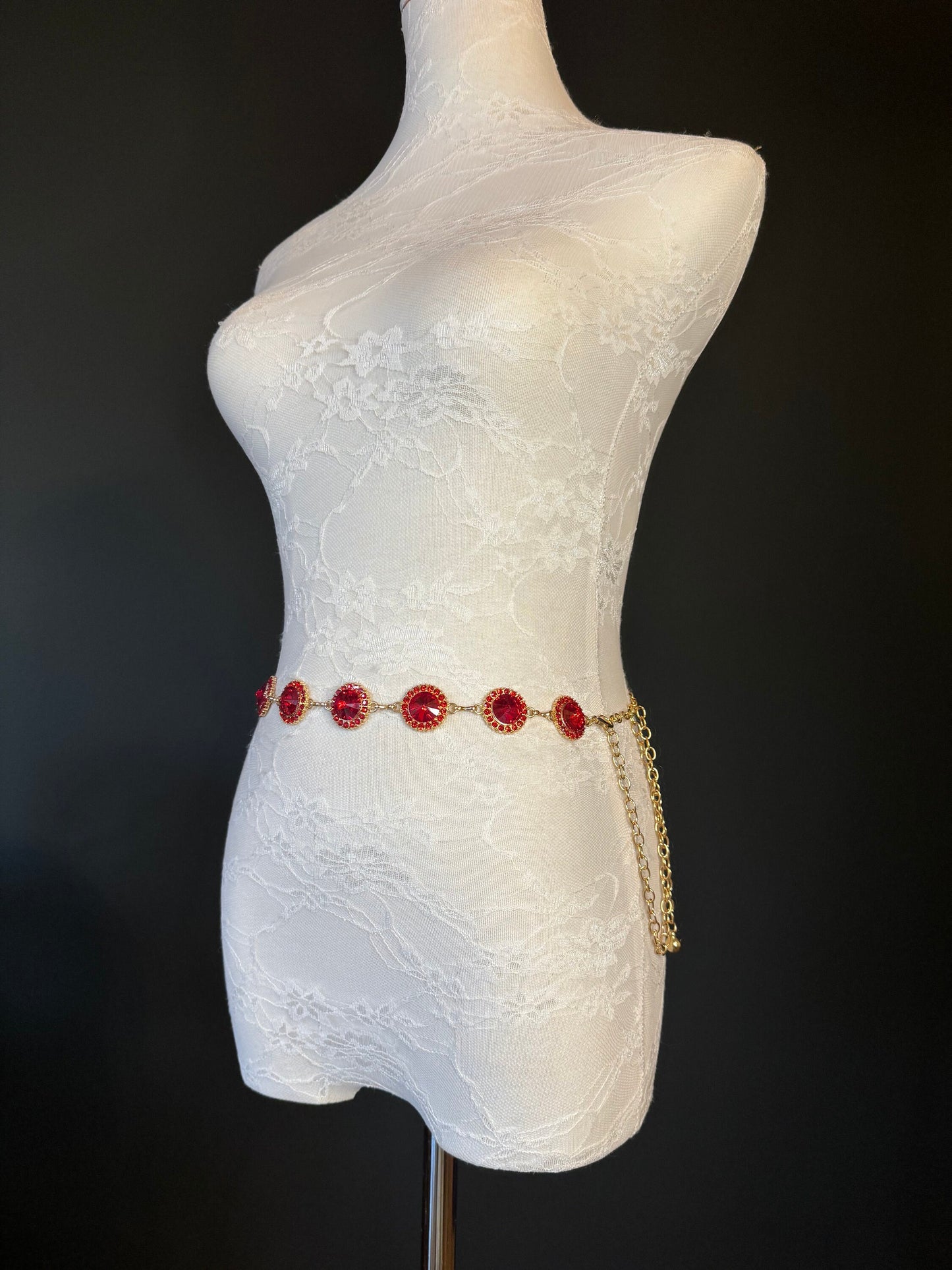 X-Long Belt, Red Jewel Rhinestone Belt, Gold Chain Belt, Vintage Style Belt, Diamante Belt, Fashion Belt, Elegant, Swimwear Belt