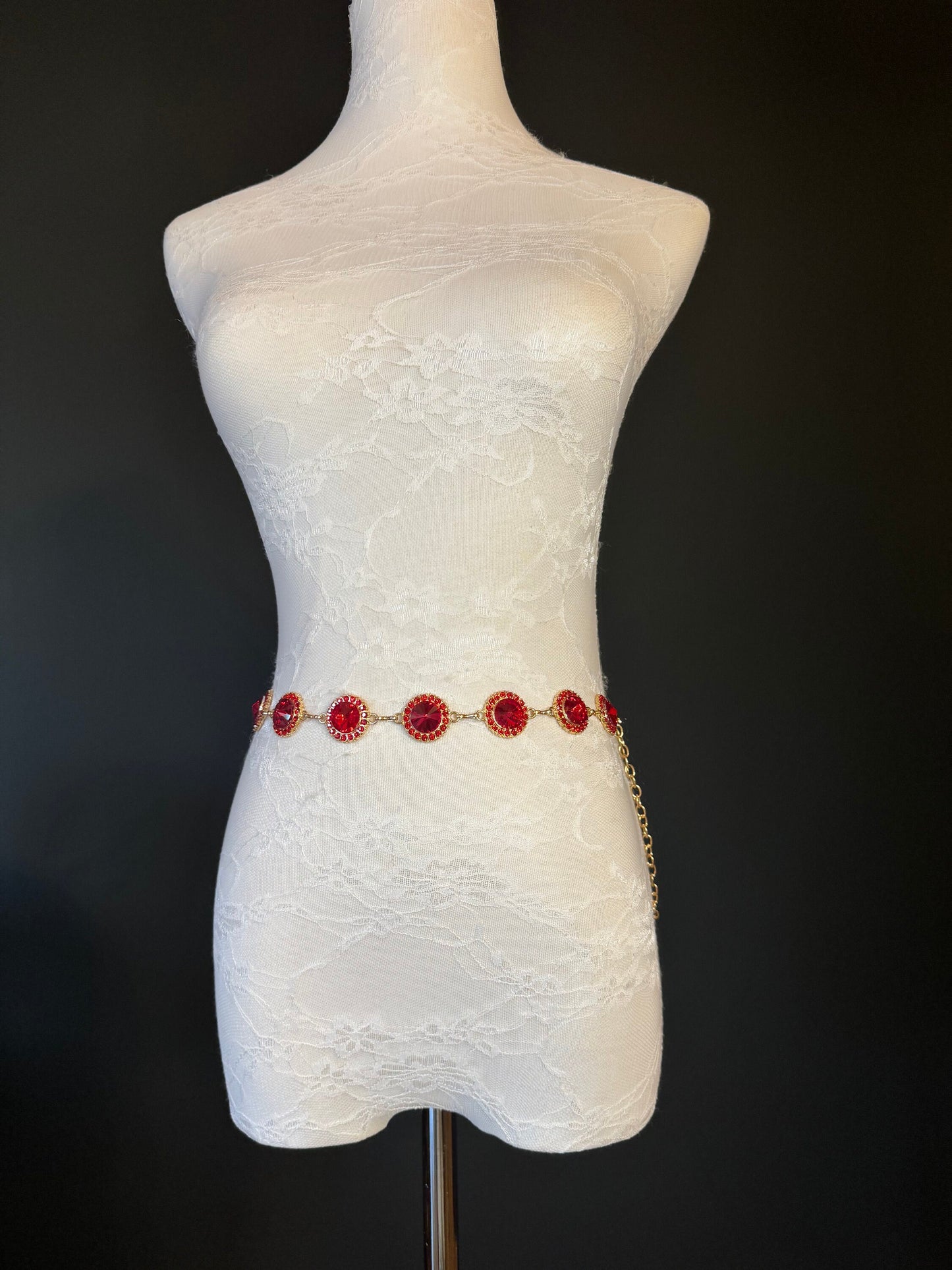 X-Long Belt, Red Jewel Rhinestone Belt, Gold Chain Belt, Vintage Style Belt, Diamante Belt, Fashion Belt, Elegant, Swimwear Belt