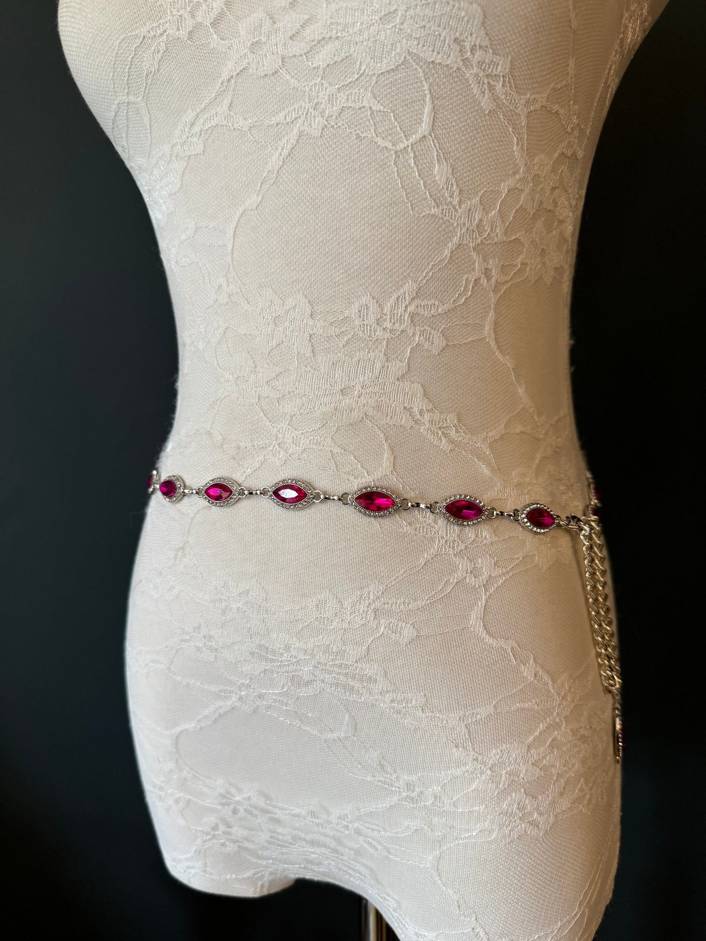X-long Metal Cerise Jewel Rhinestone Belt, Alloy Metal, High Quality Belt, Silver, Teen Sizes 18”-60”, Fashion Belt, FAN Design, Exclusive