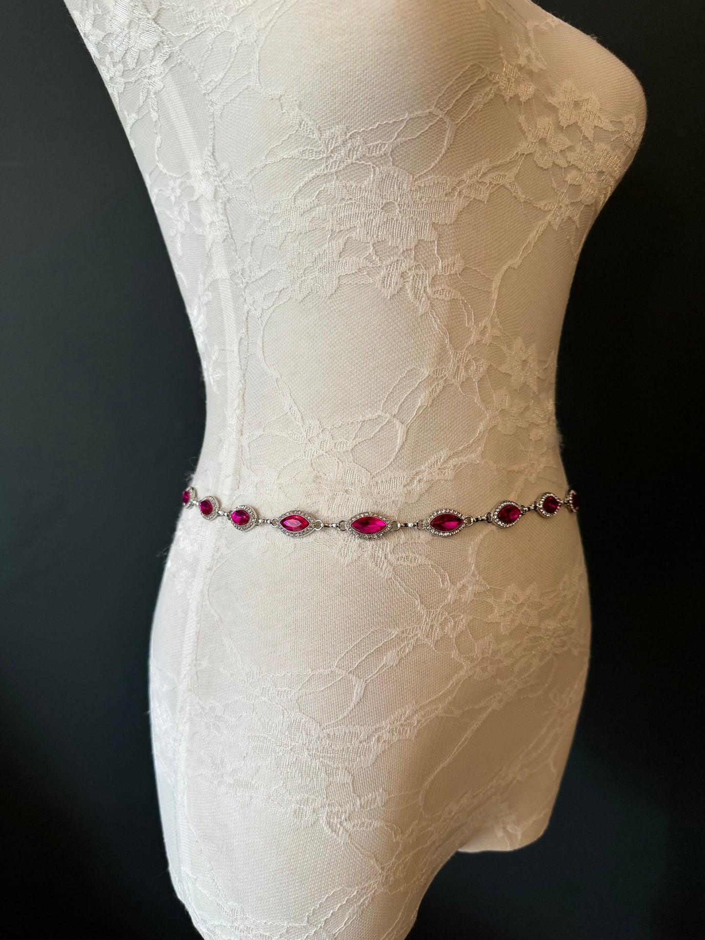 X-long Metal Cerise Jewel Rhinestone Belt, Alloy Metal, High Quality Belt, Silver, Teen Sizes 18”-60”, Fashion Belt, FAN Design, Exclusive