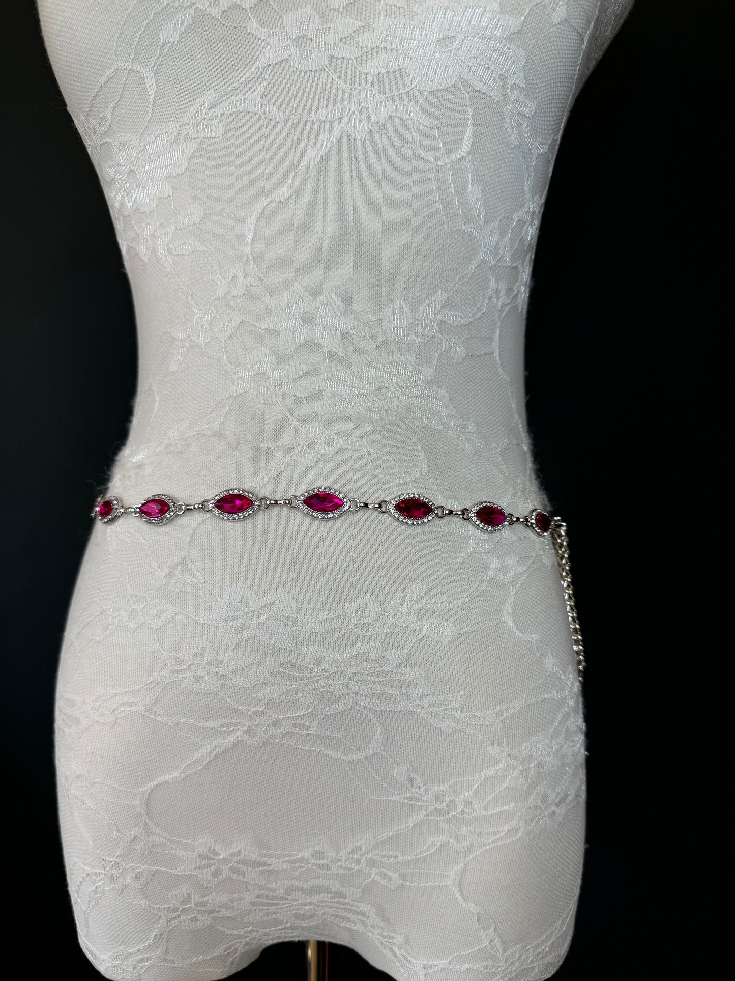 X-long Metal Cerise Jewel Rhinestone Belt, Alloy Metal, High Quality Belt, Silver, Teen Sizes 18”-60”, Fashion Belt, FAN Design, Exclusive