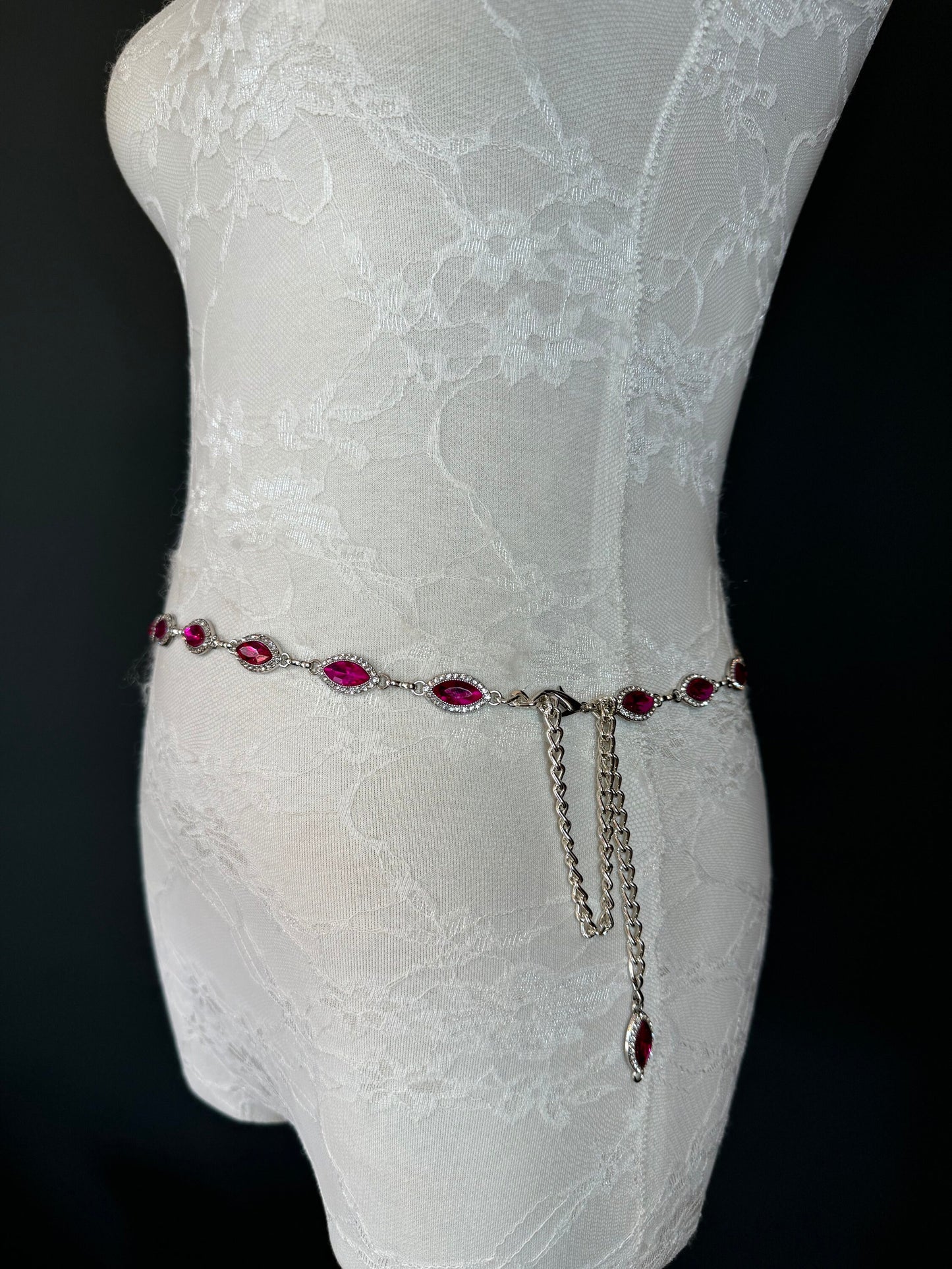 X-long Metal Cerise Jewel Rhinestone Belt, Alloy Metal, High Quality Belt, Silver, Teen Sizes 18”-60”, Fashion Belt, FAN Design, Exclusive