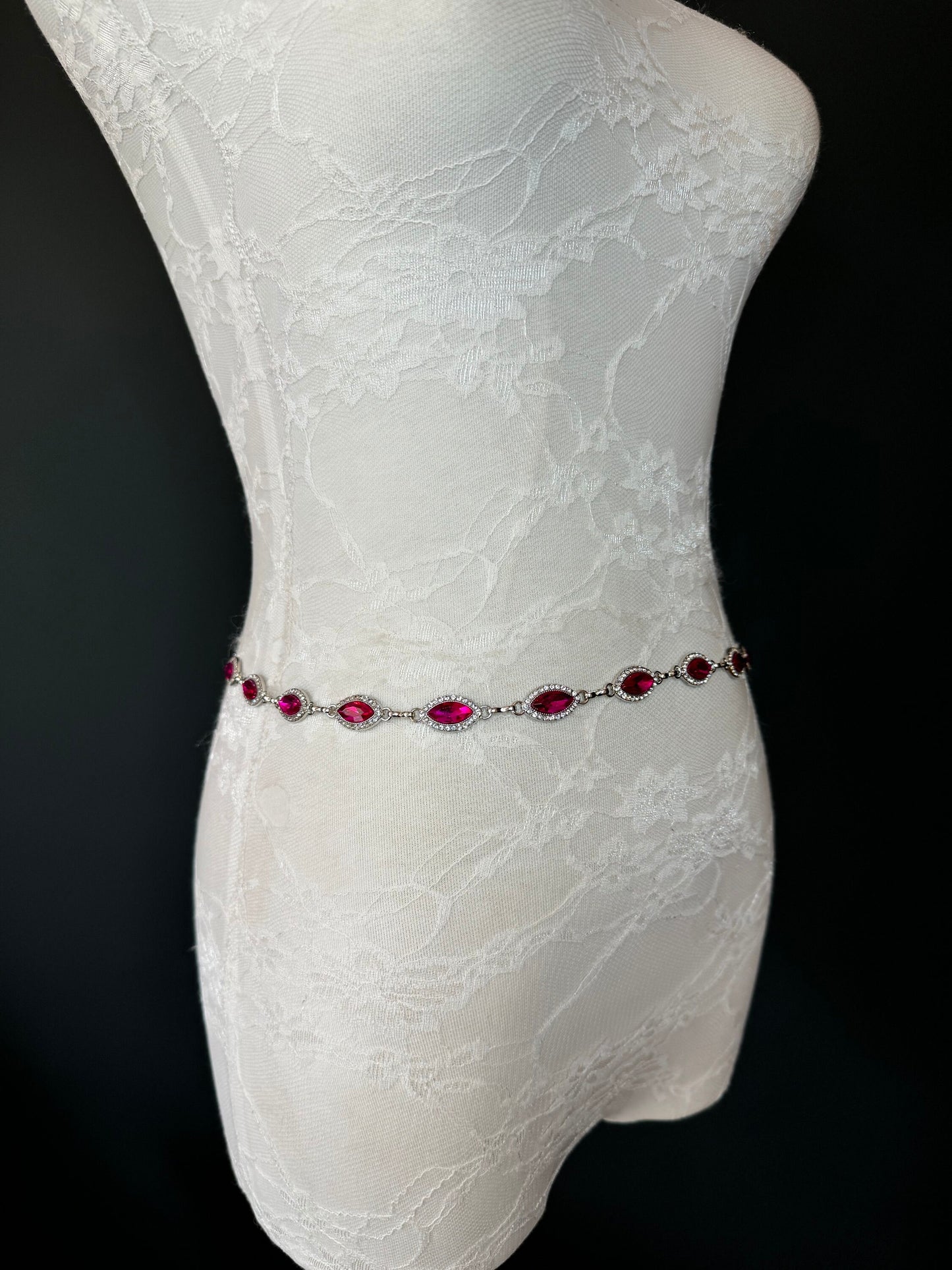 X-long Metal Cerise Jewel Rhinestone Belt, Alloy Metal, High Quality Belt, Silver, Teen Sizes 18”-60”, Fashion Belt, FAN Design, Exclusive