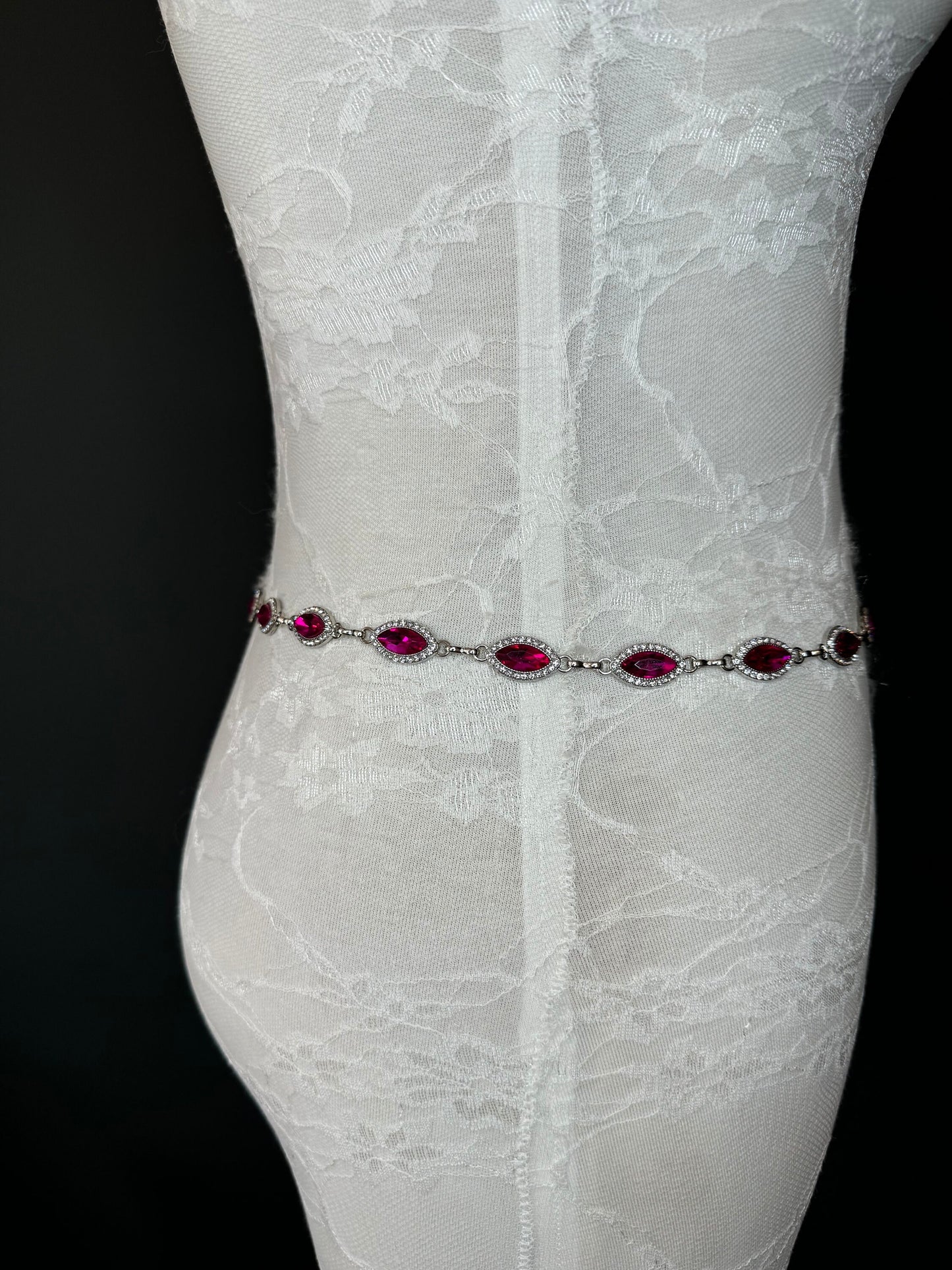 X-long Metal Cerise Jewel Rhinestone Belt, Alloy Metal, High Quality Belt, Silver, Teen Sizes 18”-60”, Fashion Belt, FAN Design, Exclusive