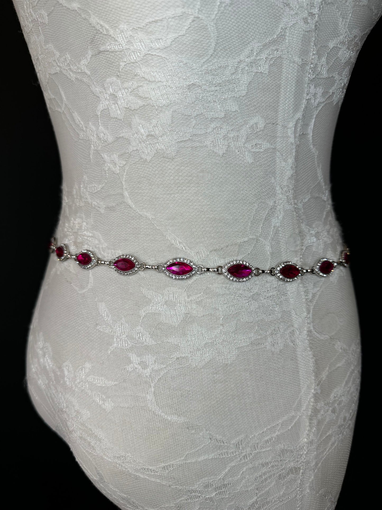 X-long Metal Cerise Jewel Rhinestone Belt, Alloy Metal, High Quality Belt, Silver, Teen Sizes 18”-60”, Fashion Belt, FAN Design, Exclusive
