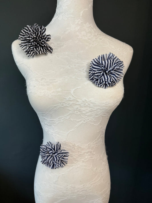 Corsage Flower, Pin on, Navy, Black White Stripe, 3” Wide, Fabric Pin on Corsage, Bridal, Clothing, Accessory, Fashion, Gift, FAN Design
