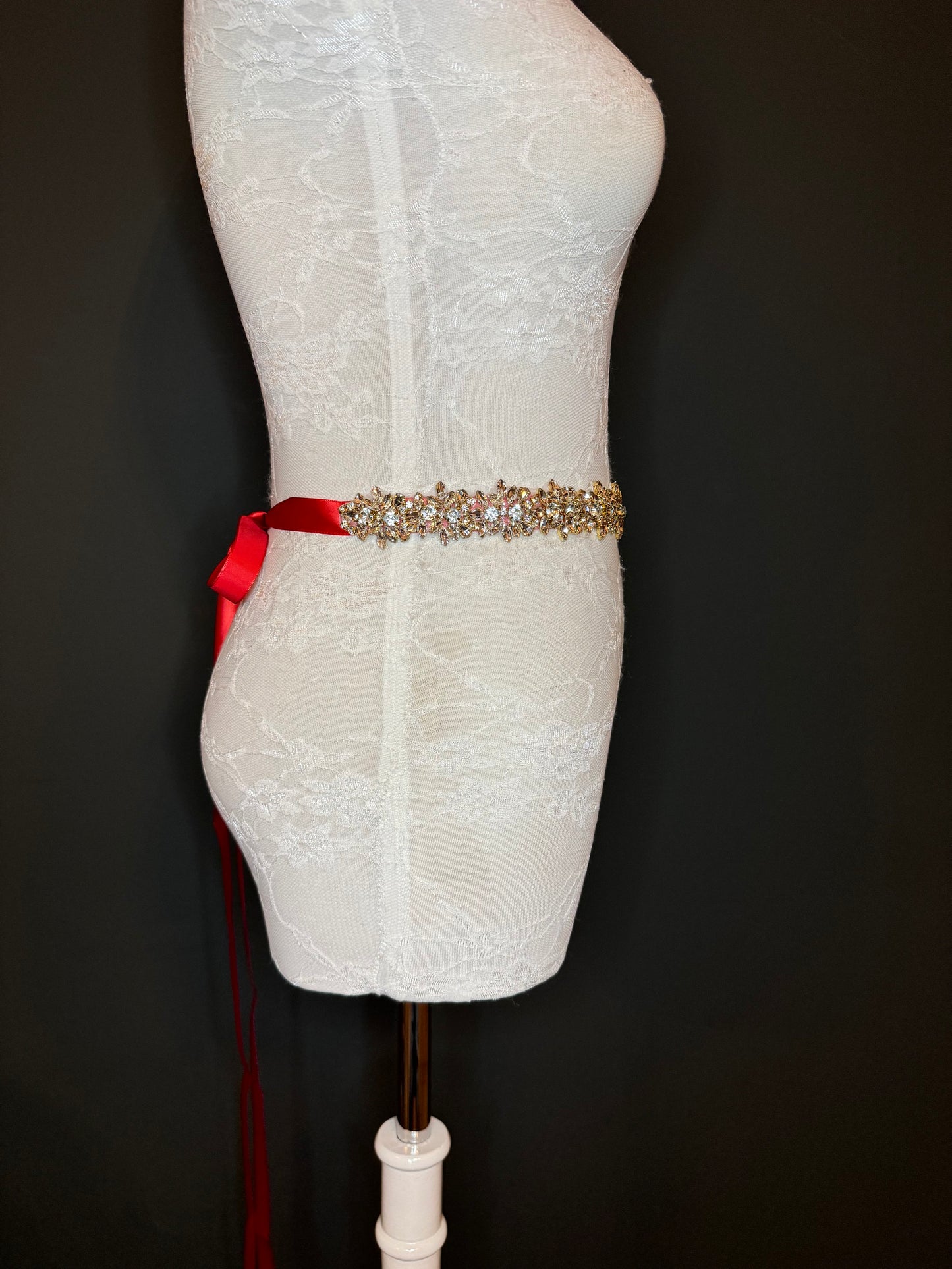 Wedding Belt, Bridal Belt, Sash Belt, Crystal Rhinestone with Silver Base, Red Ribbon, Bridemaid  Belt, Ribbon Belt, Jewel Belt