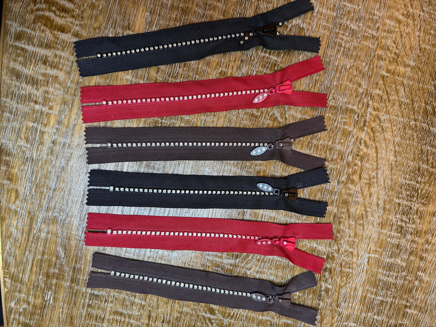 Rhinestone Zips, Closed End, Auto Lock, Black Tape, Brown, Red Tape, Diamanté Teeth, Okeotex Certified, Quality Zips, 7”, 18cm