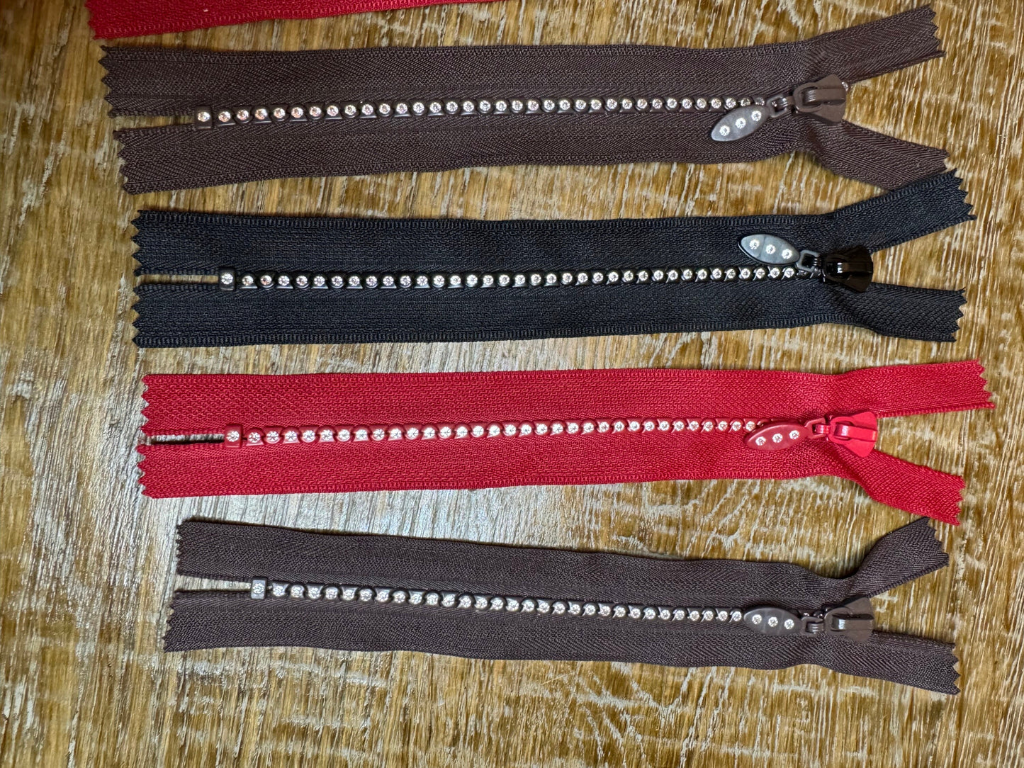 Rhinestone Zips, Closed End, Auto Lock, Black Tape, Brown, Red Tape, Diamanté Teeth, Okeotex Certified, Quality Zips, 7”, 18cm