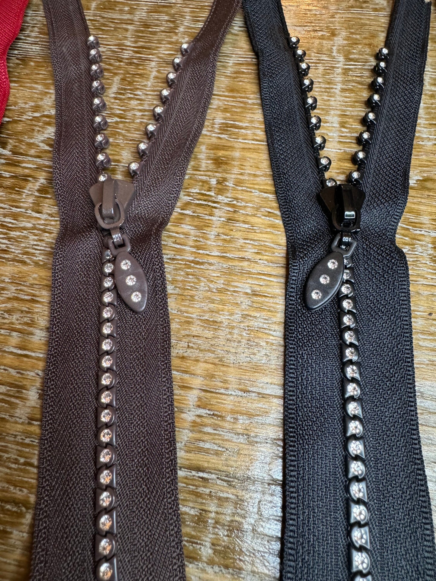 Rhinestone Zips, Closed End, Auto Lock, Black Tape, Brown, Red Tape, Diamanté Teeth, Okeotex Certified, Quality Zips, 7”, 18cm