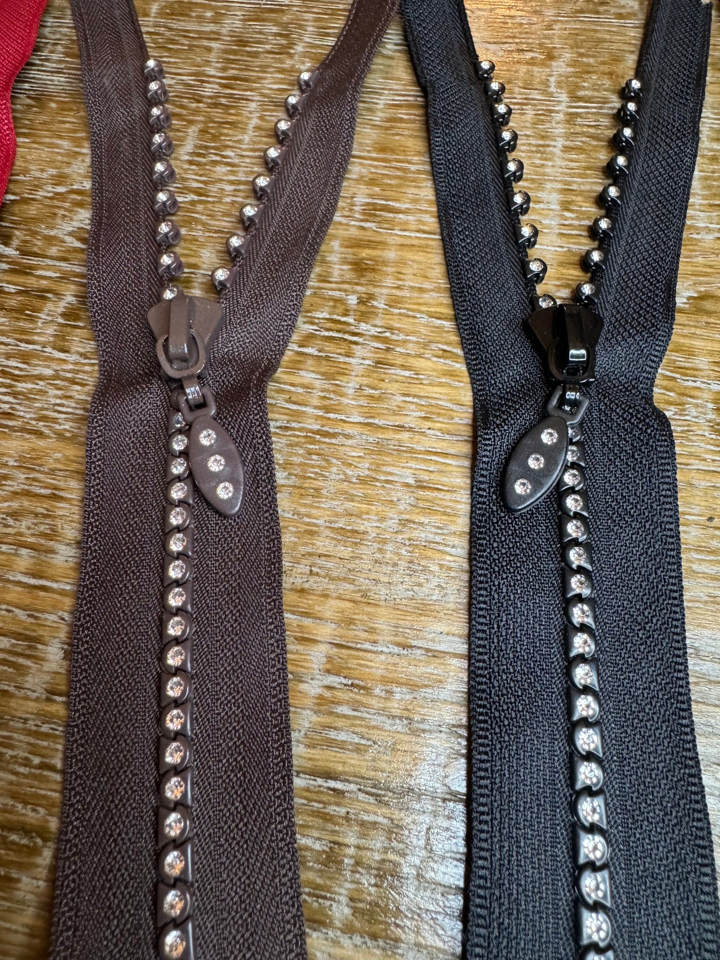 Rhinestone Zips, Closed End, Auto Lock, Black Tape, Brown, Red Tape, Diamanté Teeth, Okeotex Certified, Quality Zips, 7”, 18cm