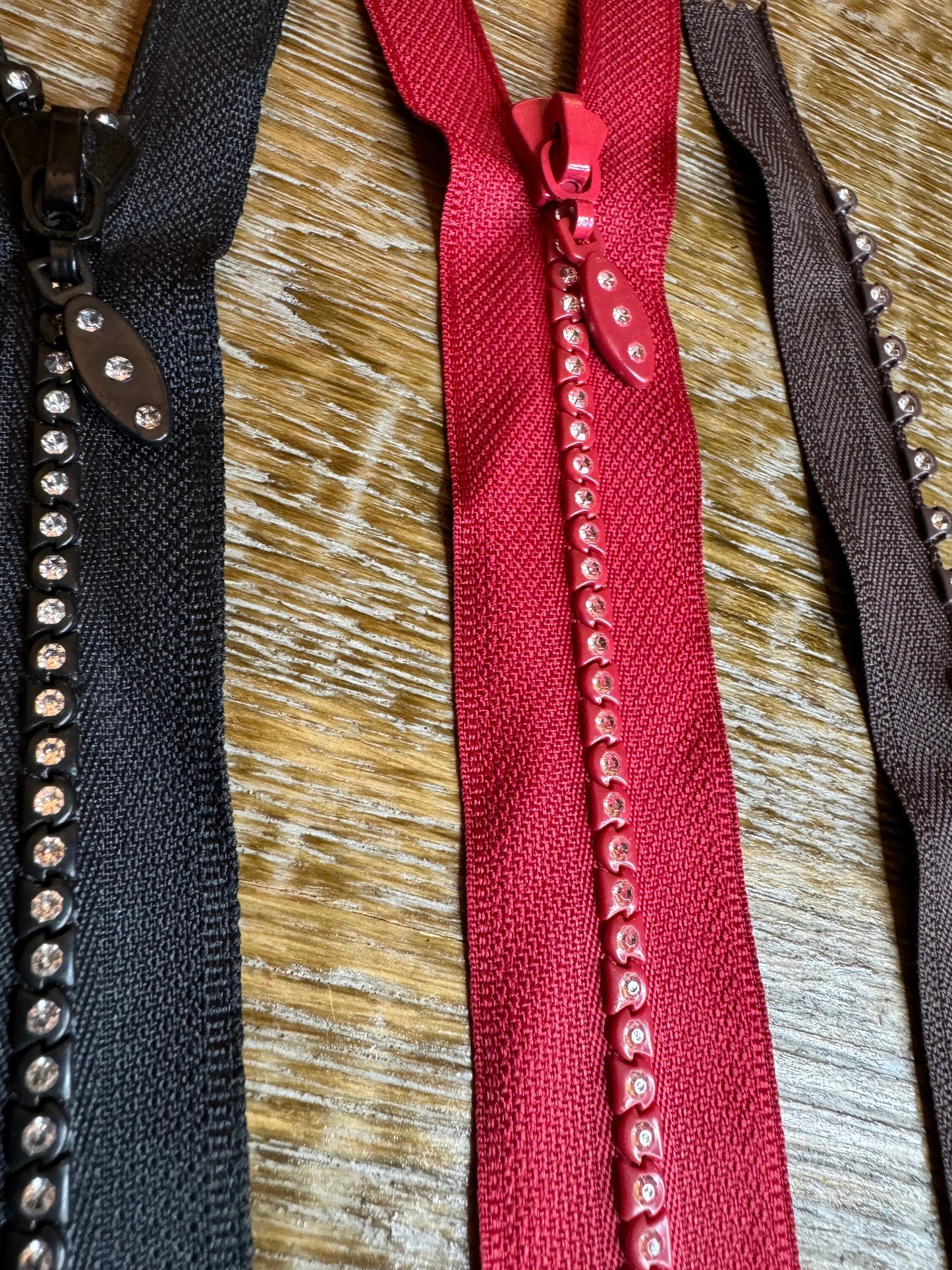 Rhinestone Zips, Closed End, Auto Lock, Black Tape, Brown, Red Tape, Diamanté Teeth, Okeotex Certified, Quality Zips, 7”, 18cm