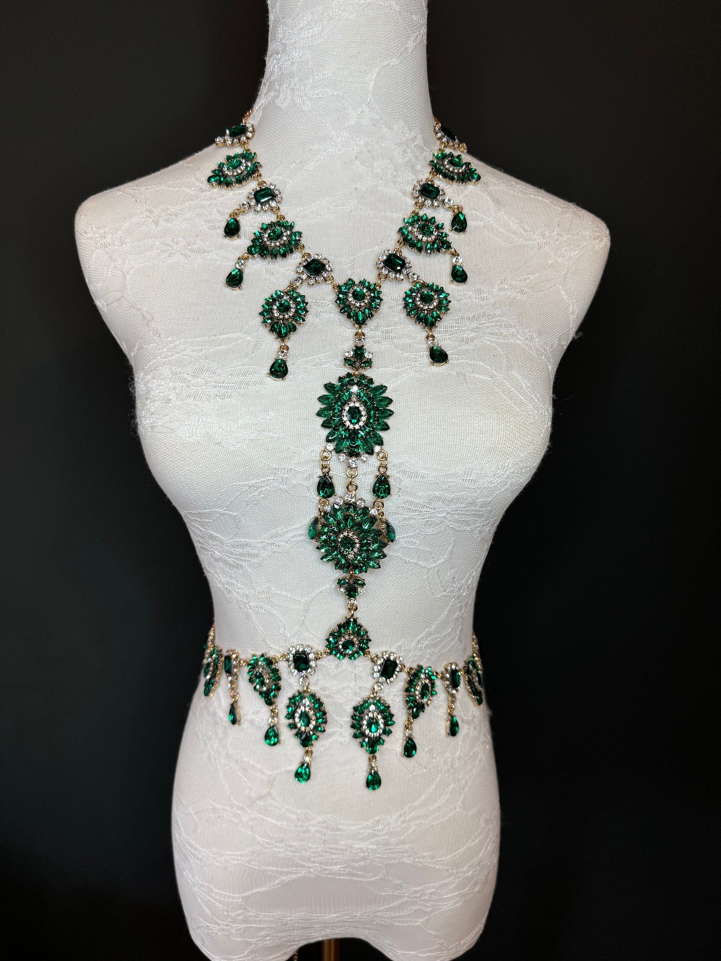Green Rhinestone Body Chain, Elegant Body Jewellery, FAN Design