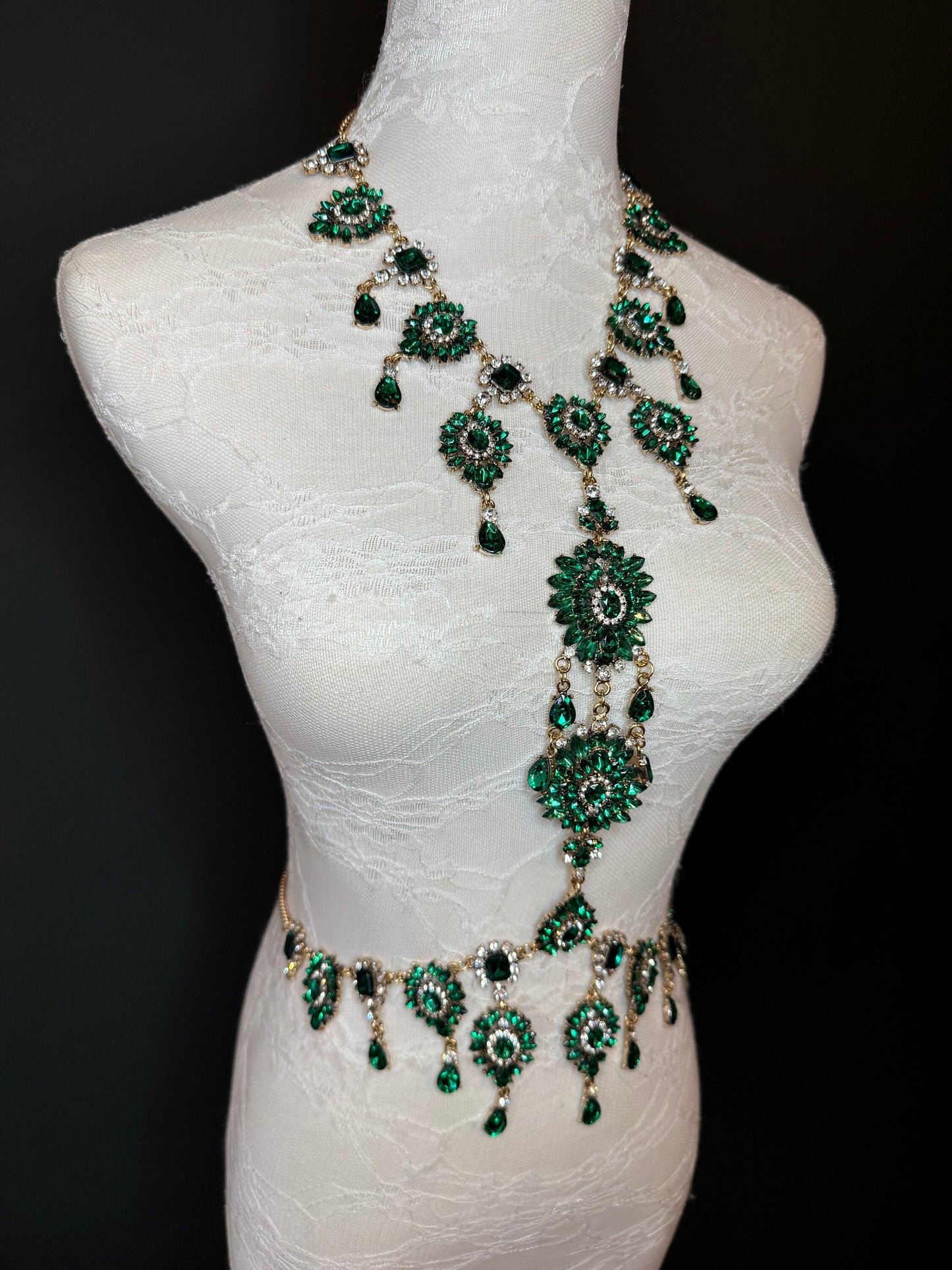Green Rhinestone Body Chain, Elegant Body Jewellery, FAN Design