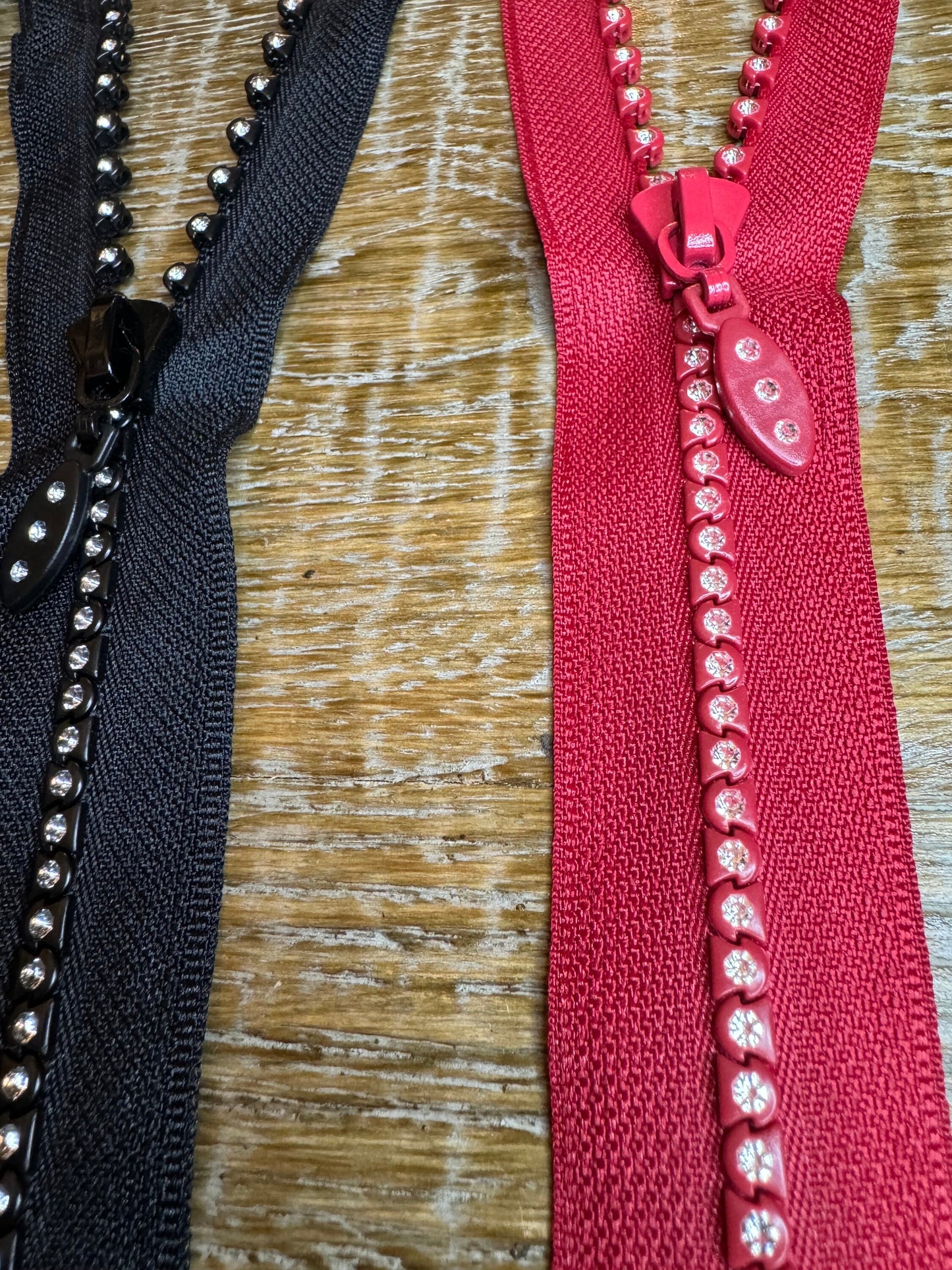 Rhinestone Zips, Closed End, Auto Lock, Black Tape, Brown, Red Tape, Diamanté Teeth, Okeotex Certified, Quality Zips, 7”, 18cm