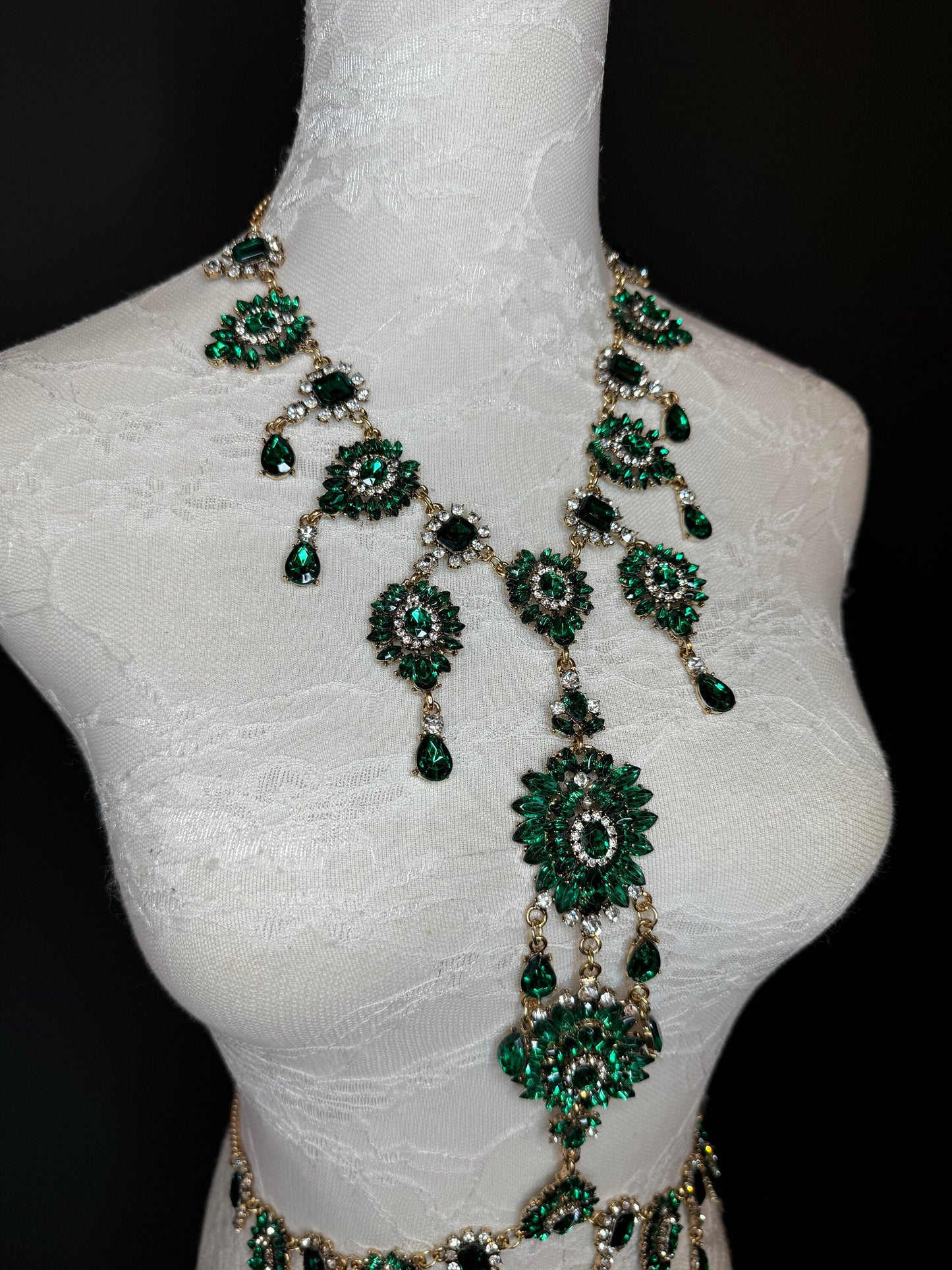 Green Rhinestone Body Chain, Elegant Body Jewellery, FAN Design
