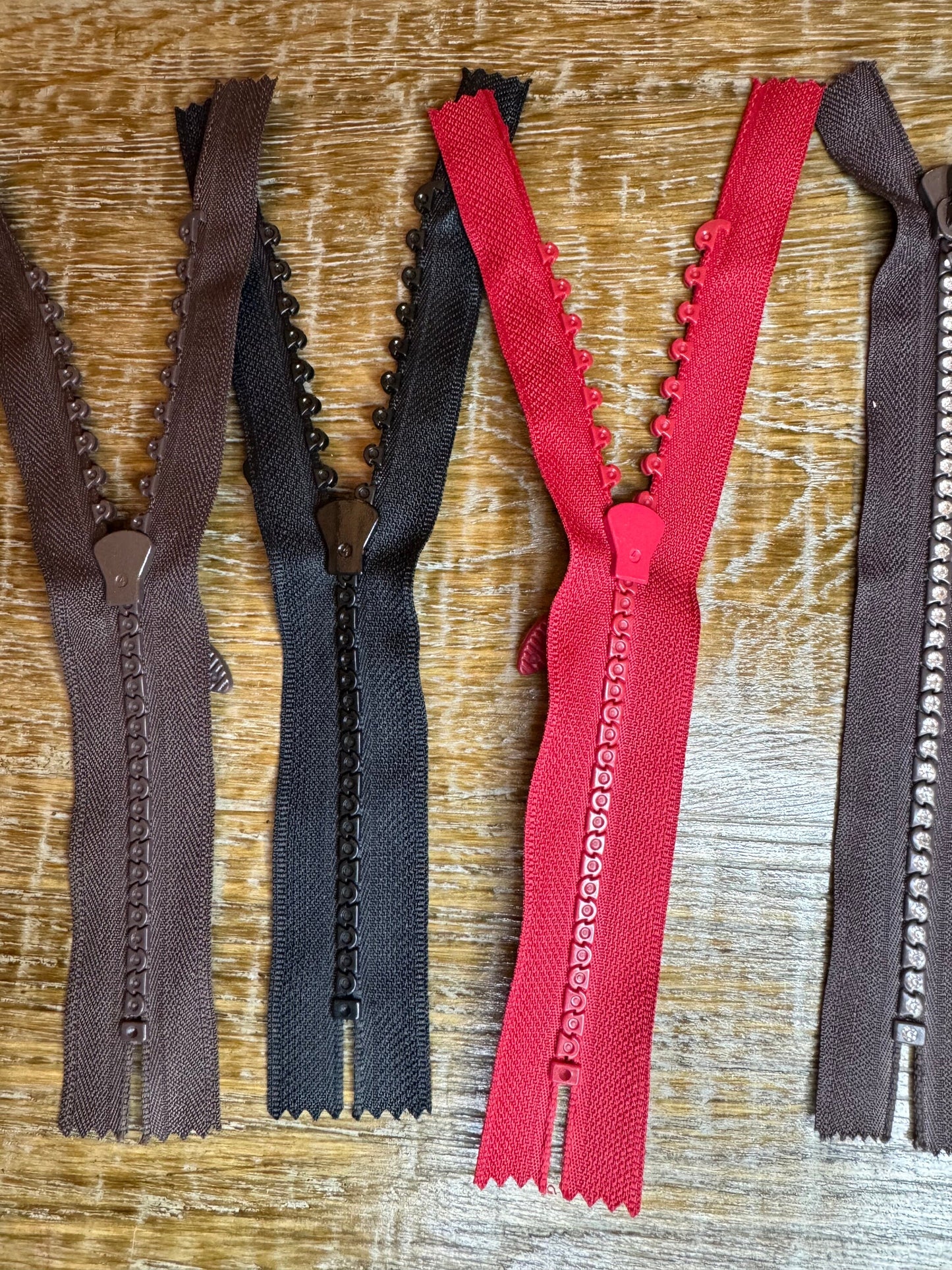 Rhinestone Zips, Closed End, Auto Lock, Black Tape, Brown, Red Tape, Diamanté Teeth, Okeotex Certified, Quality Zips, 7”, 18cm