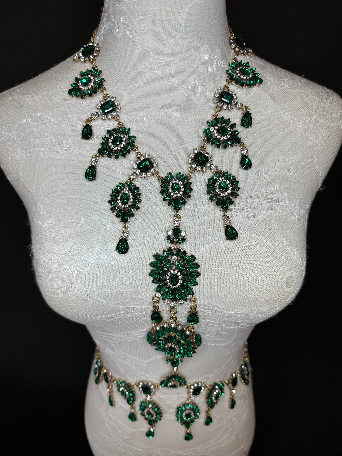 Green Rhinestone Body Chain, Elegant Body Jewellery, FAN Design