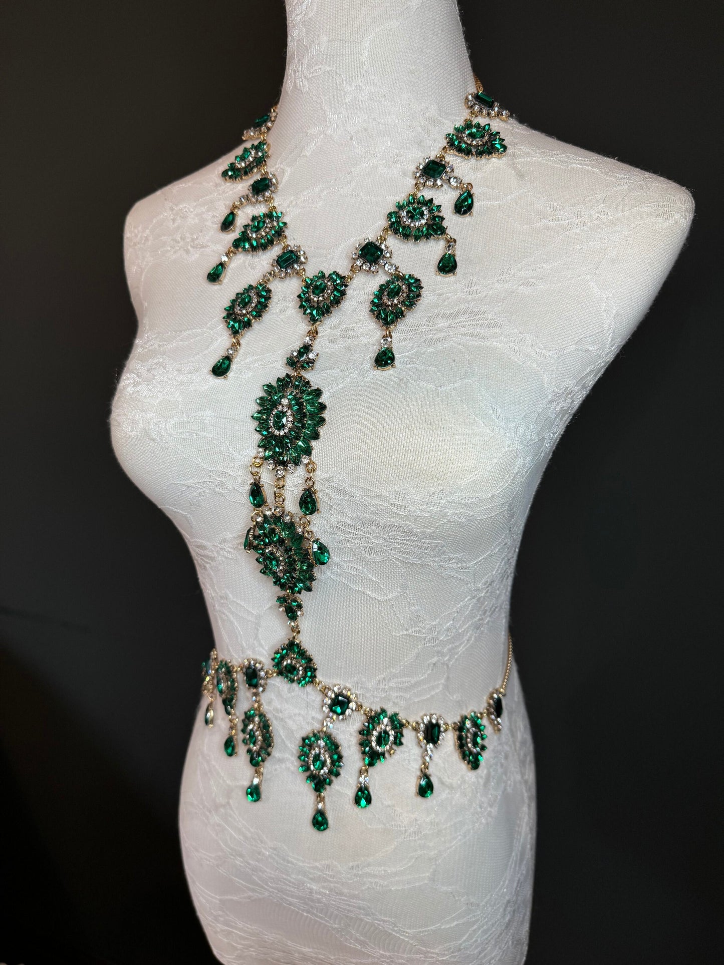 Green Rhinestone Body Chain, Elegant Body Jewellery, FAN Design