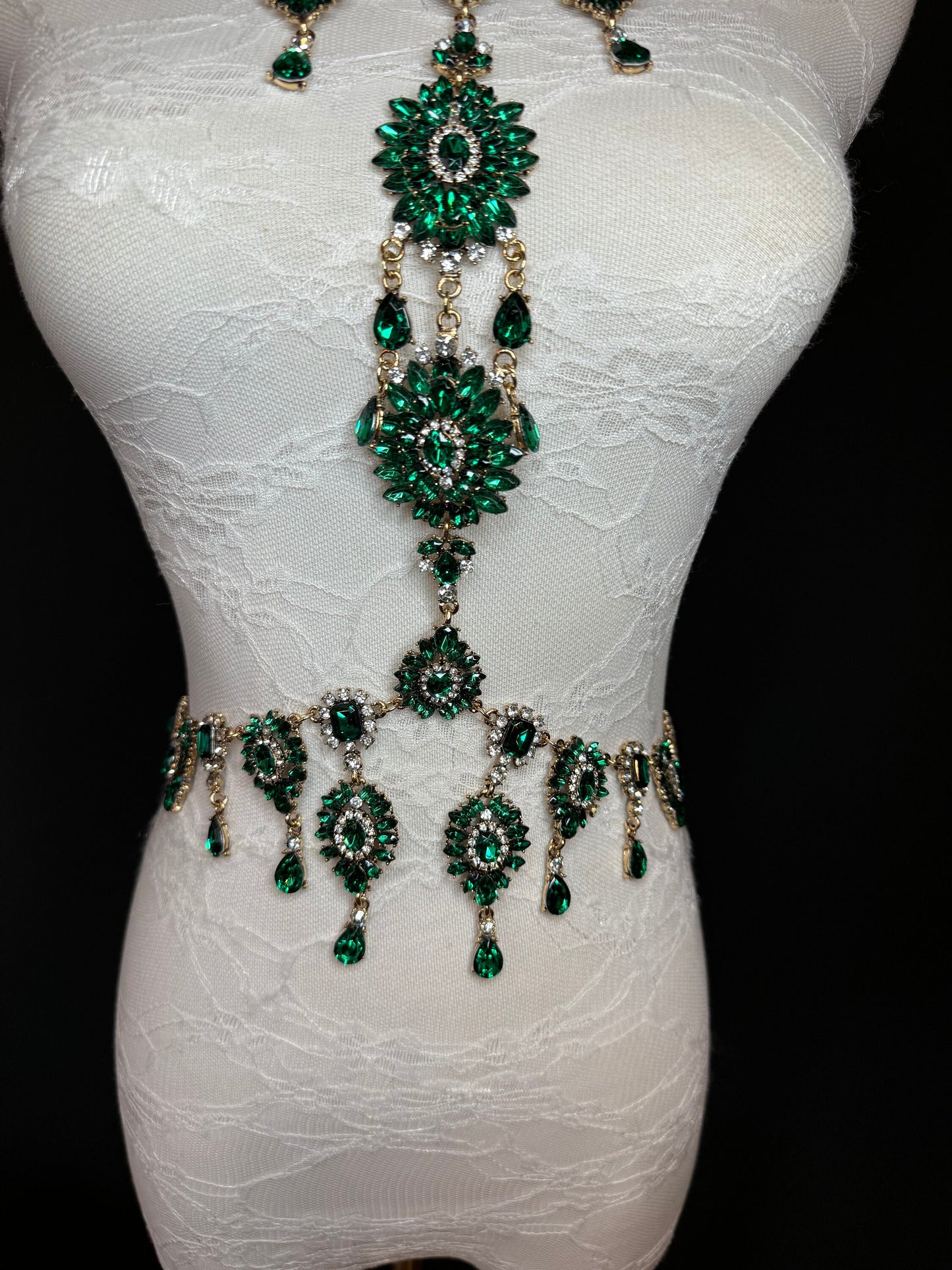 Green Rhinestone Body Chain, Elegant Body Jewellery, FAN Design