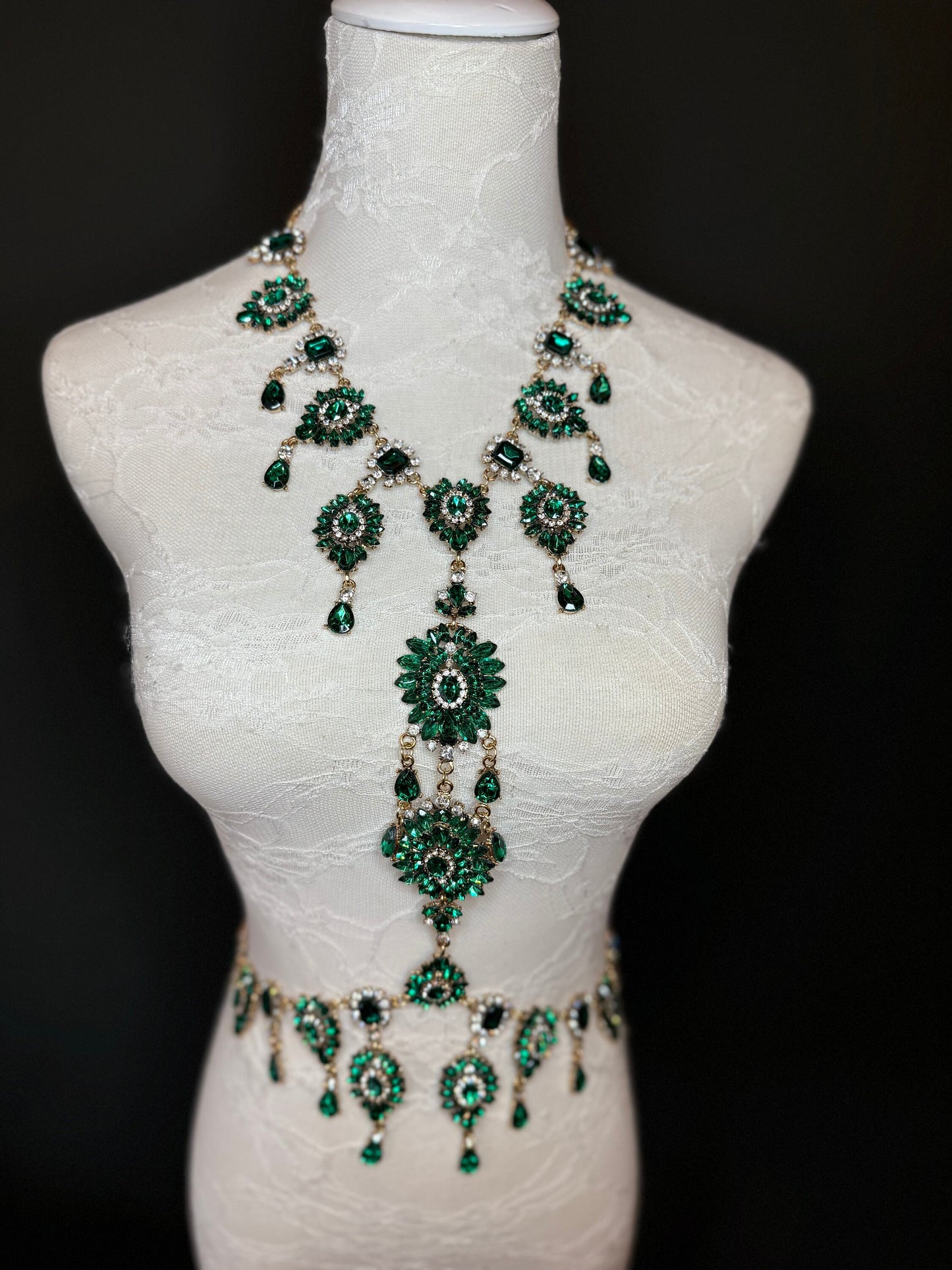 Green Rhinestone Body Chain, Elegant Body Jewellery, FAN Design
