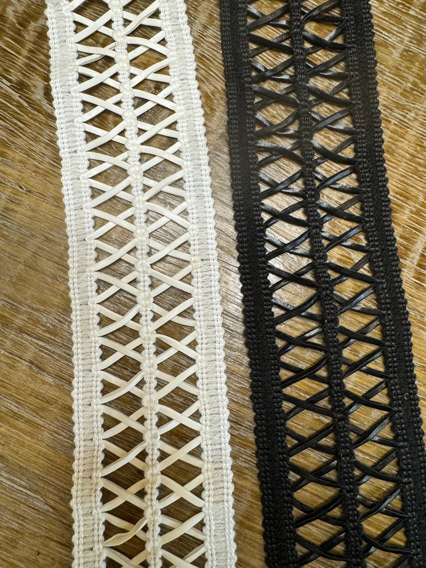 Faux Leather Criss Cross Lace Trim, Black and Ivory, 6cm Wide