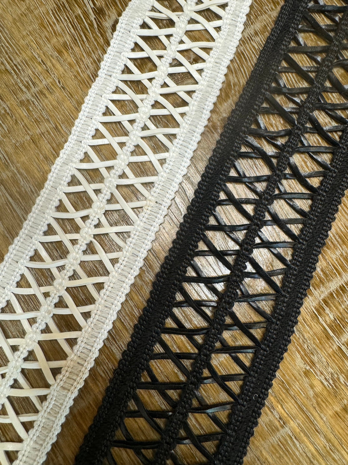 Faux Leather Criss Cross Lace Trim, Black and Ivory, 6cm Wide