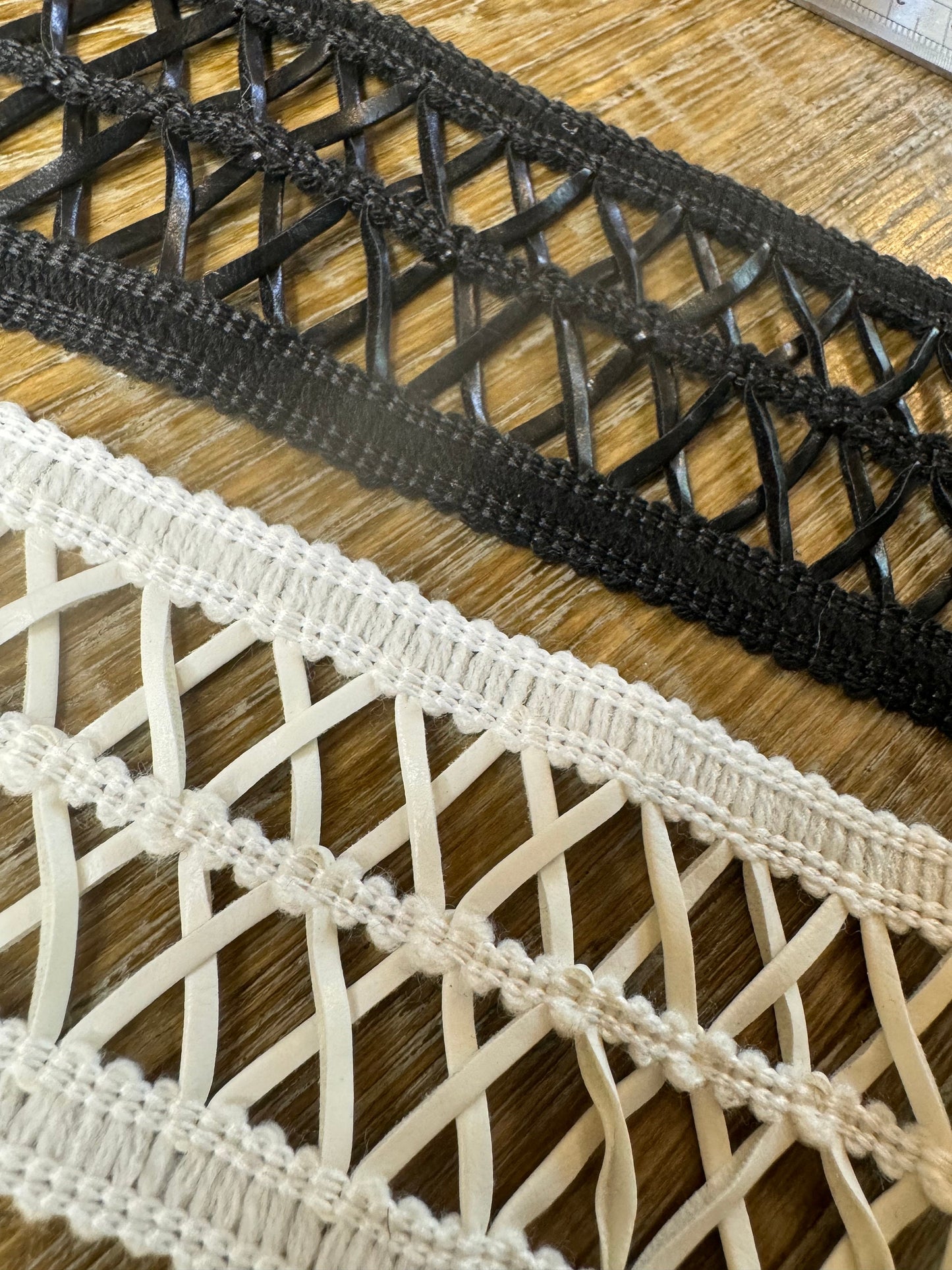 Faux Leather Criss Cross Lace Trim, Black and Ivory, 6cm Wide