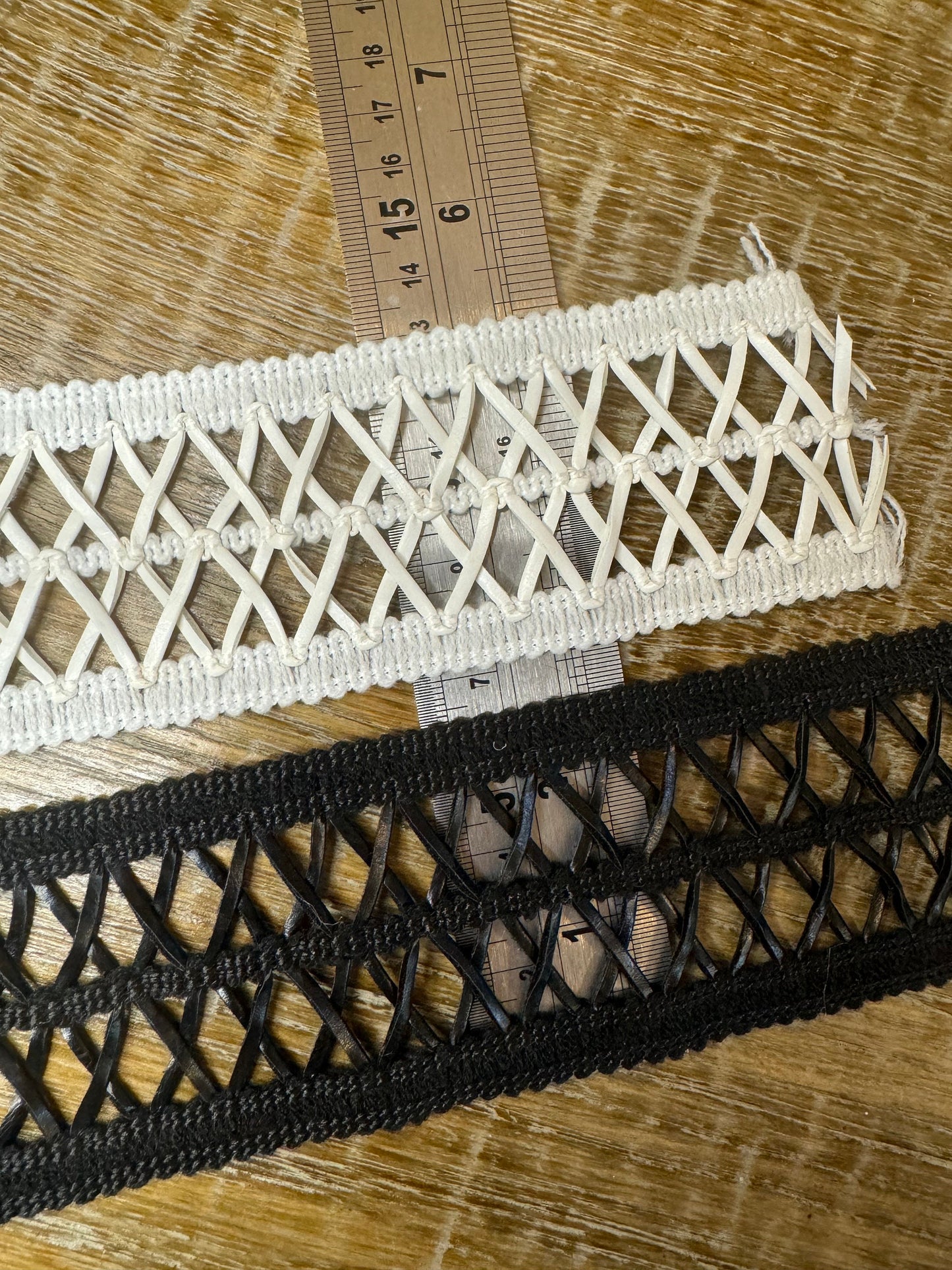 Faux Leather Criss Cross Lace Trim, Black and Ivory, 6cm Wide