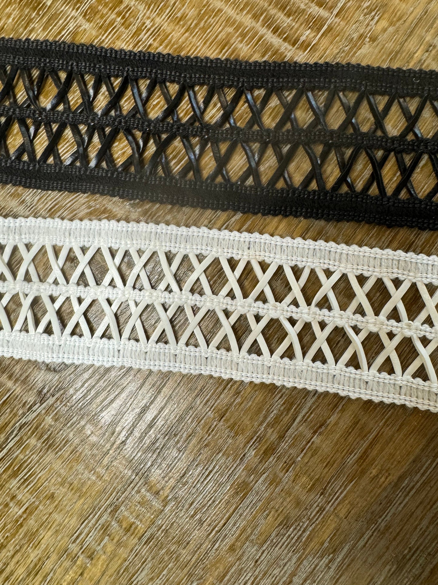 Faux Leather Criss Cross Lace Trim, Black and Ivory, 6cm Wide