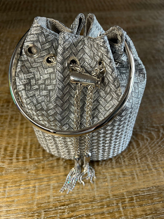 Silver Weave Bag with Ring Handle, Tassel Rope Closure