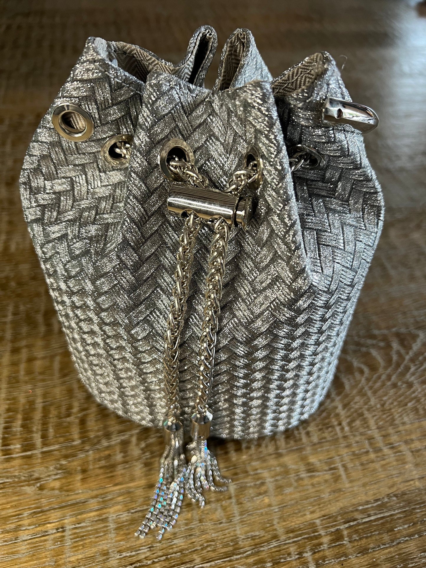 Silver Weave Bag with Ring Handle, Tassel Rope Closure