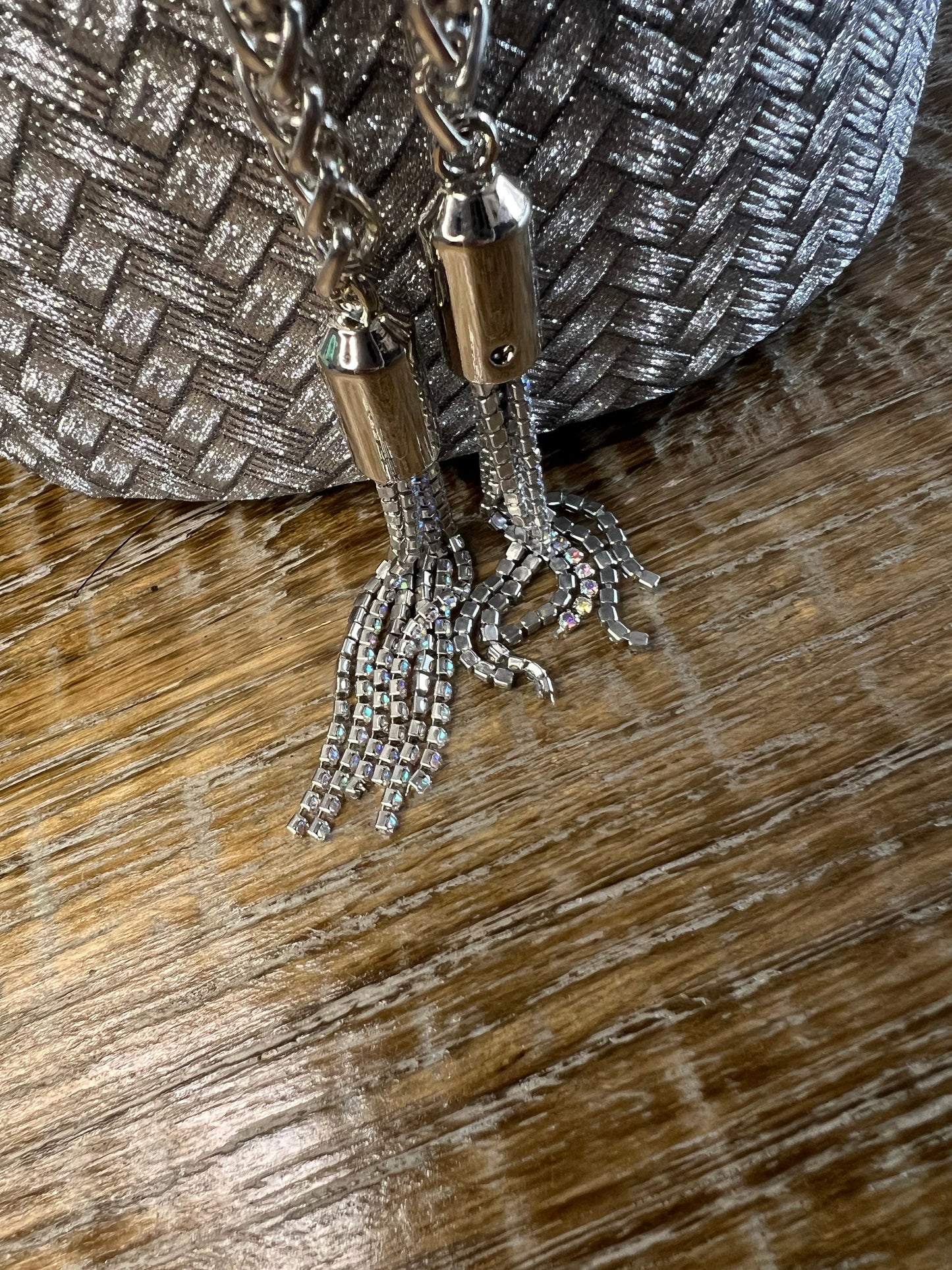 Silver Weave Bag with Ring Handle, Tassel Rope Closure