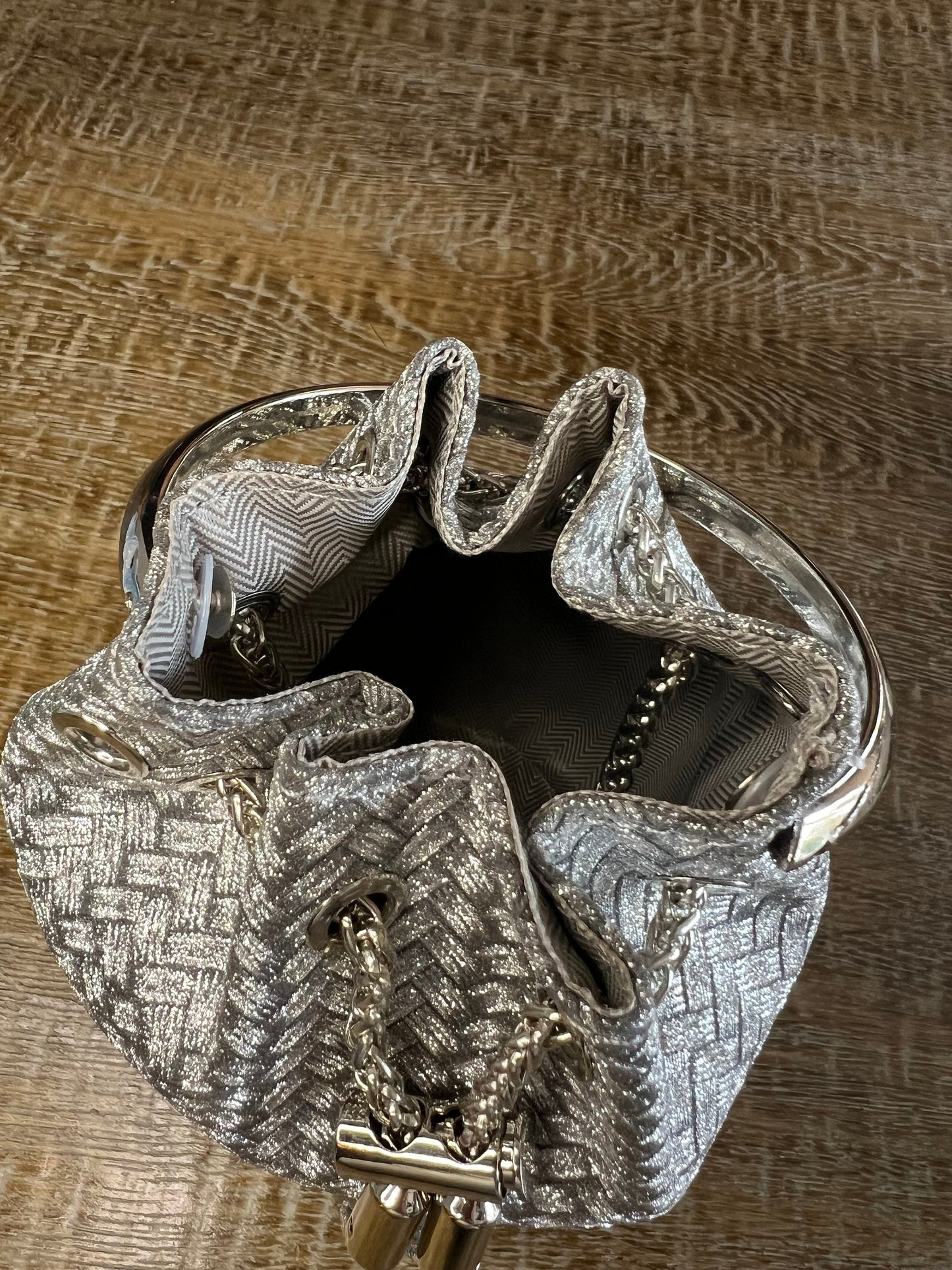 Silver Weave Bag with Ring Handle, Tassel Rope Closure