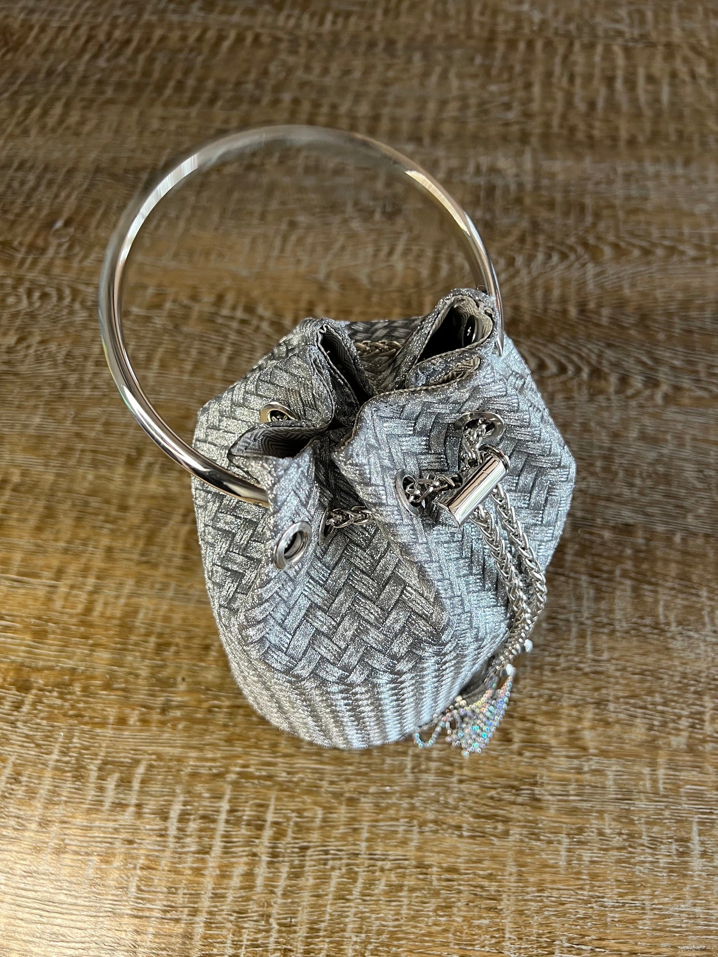 Silver Weave Bag with Ring Handle, Tassel Rope Closure