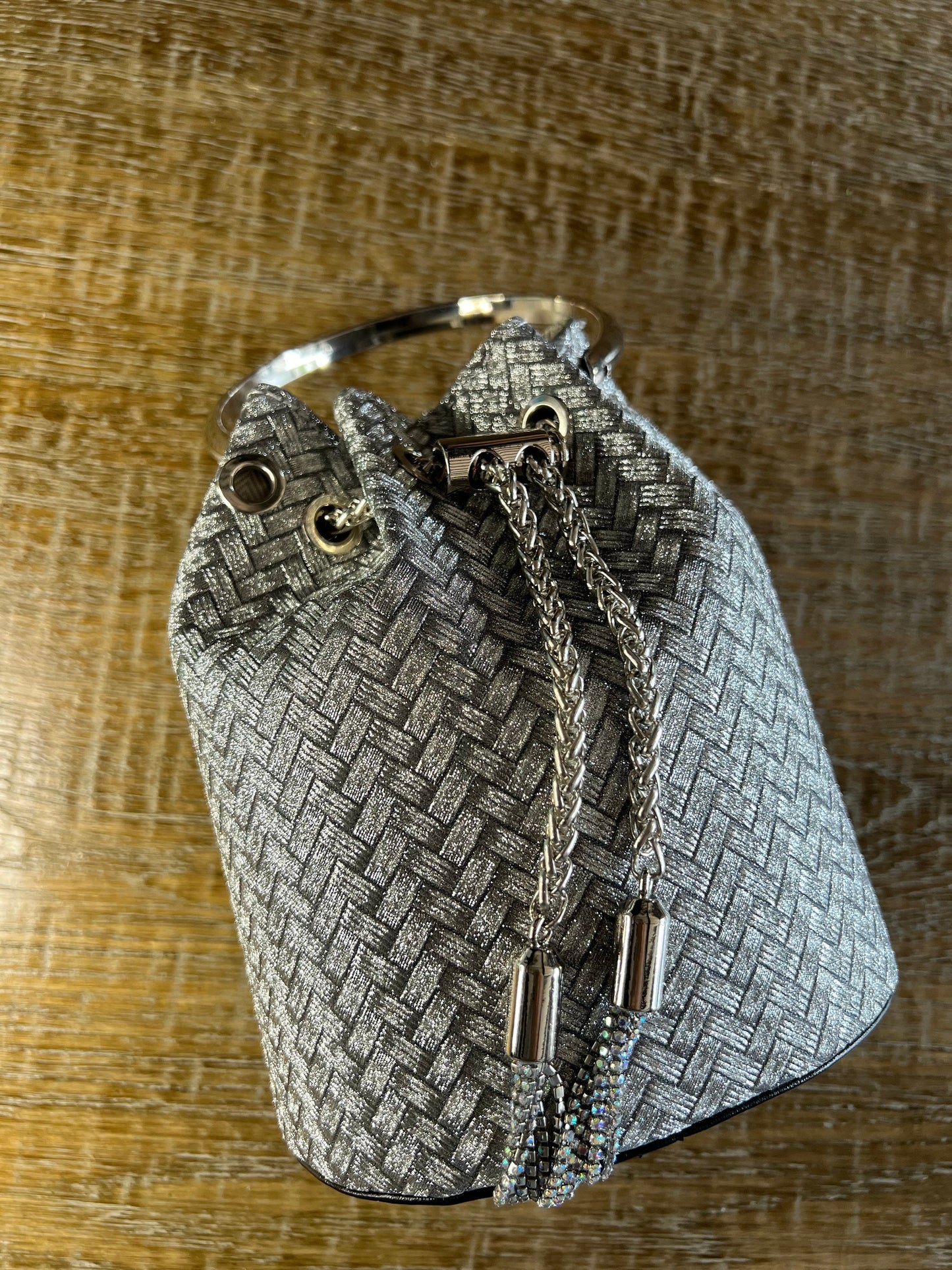Silver Weave Bag with Ring Handle, Tassel Rope Closure